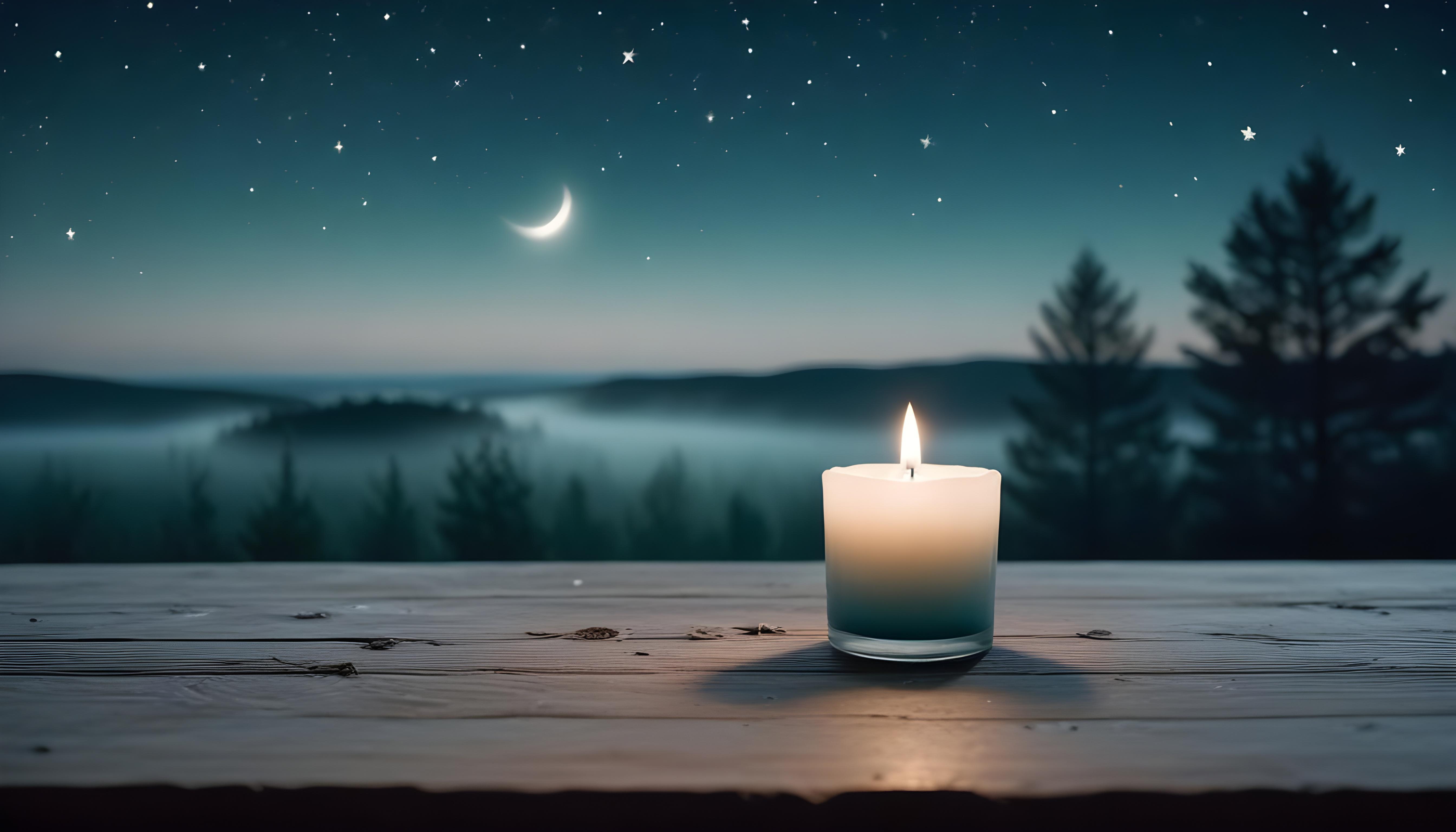 Glowing Candlelight Scene with Warm Ambience and Peaceful Night Background