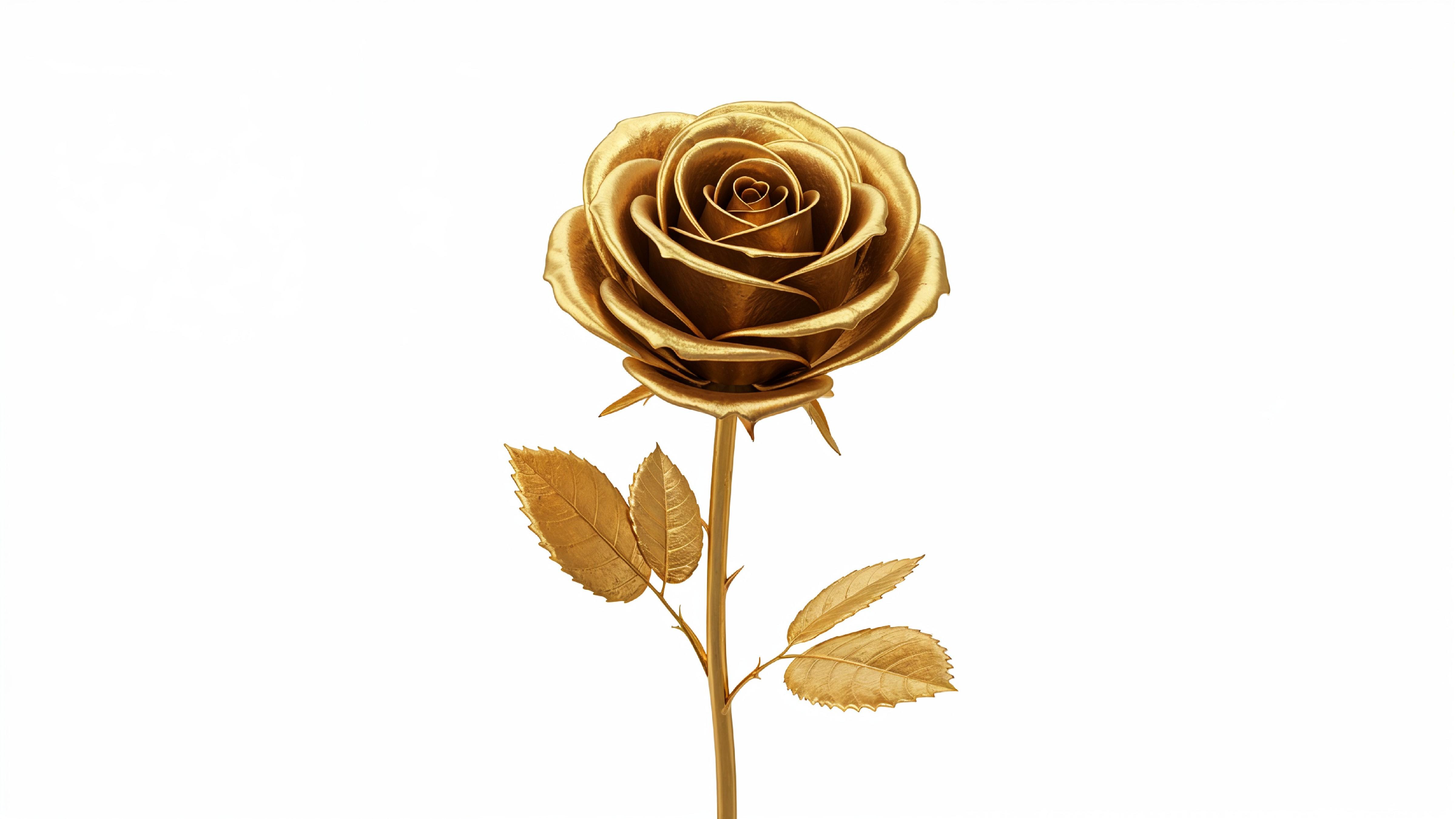 Luxury Golden Rose with Shimmering Petals on White Background