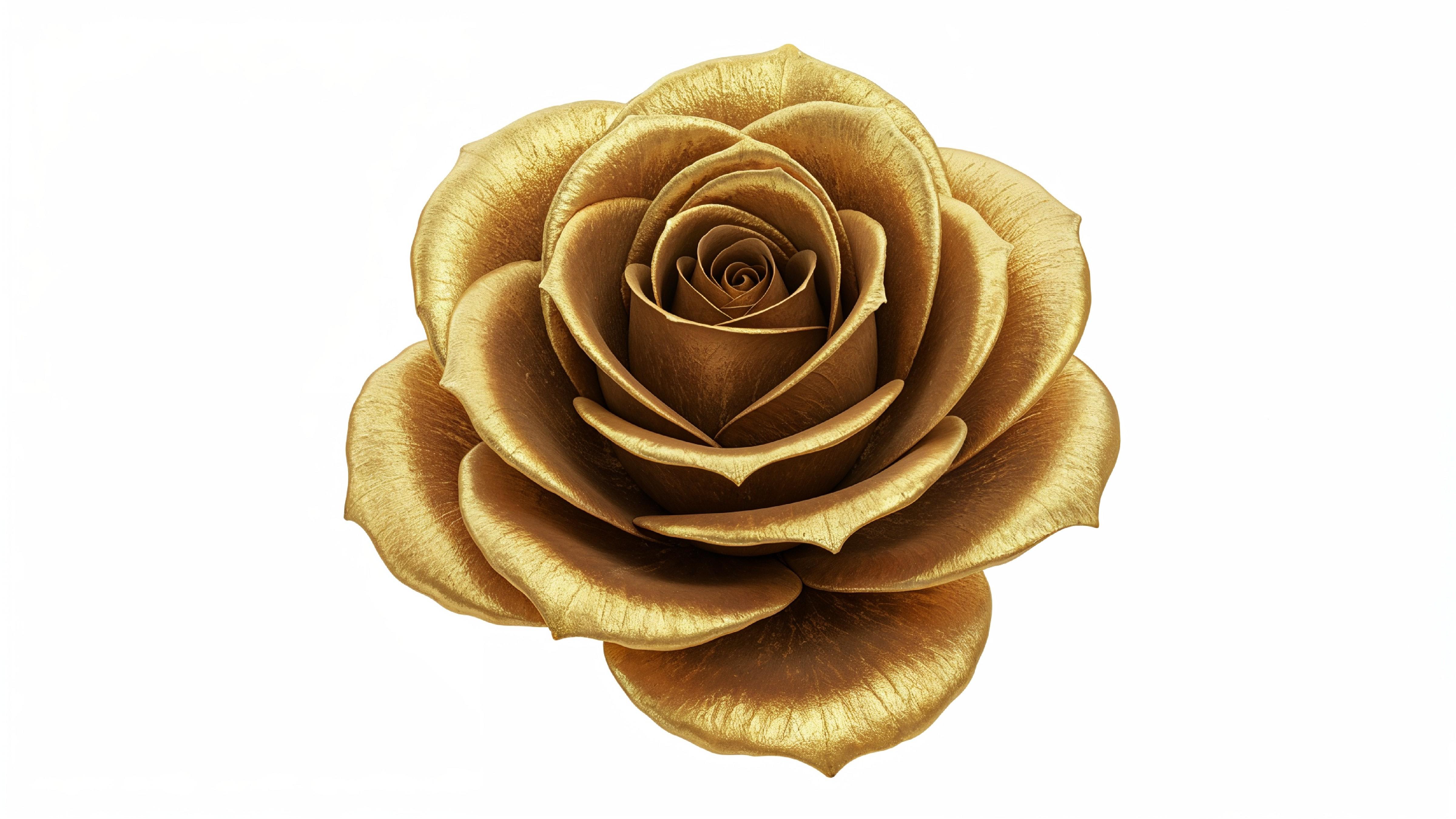 Luxury Golden Rose with Shimmering Petals on White Background