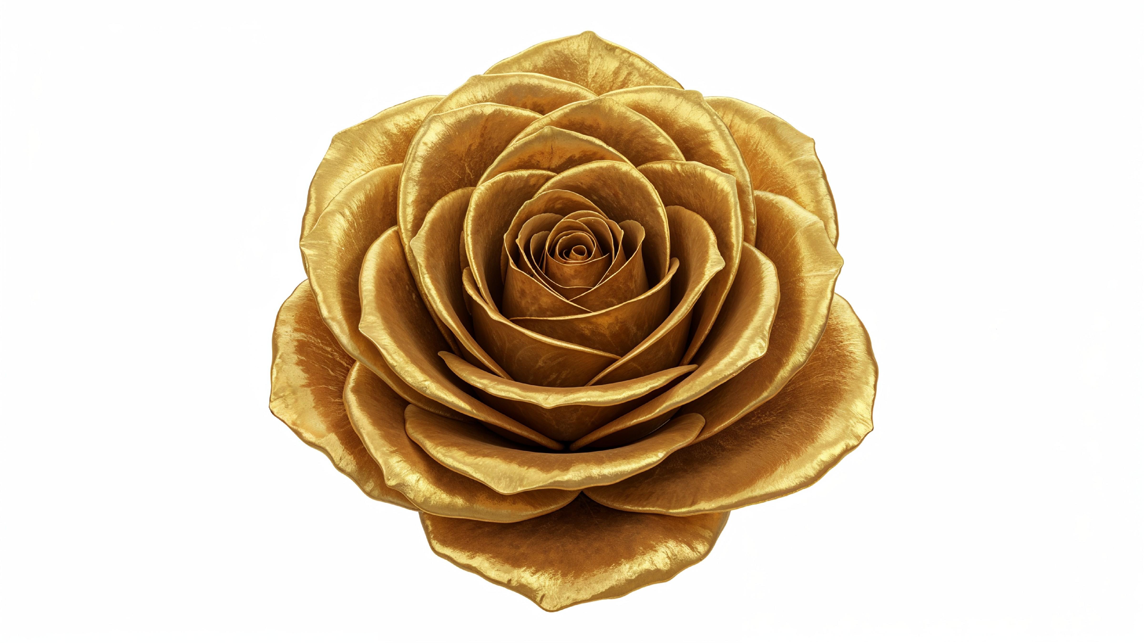 Luxury Golden Rose with Shimmering Petals on White Background
