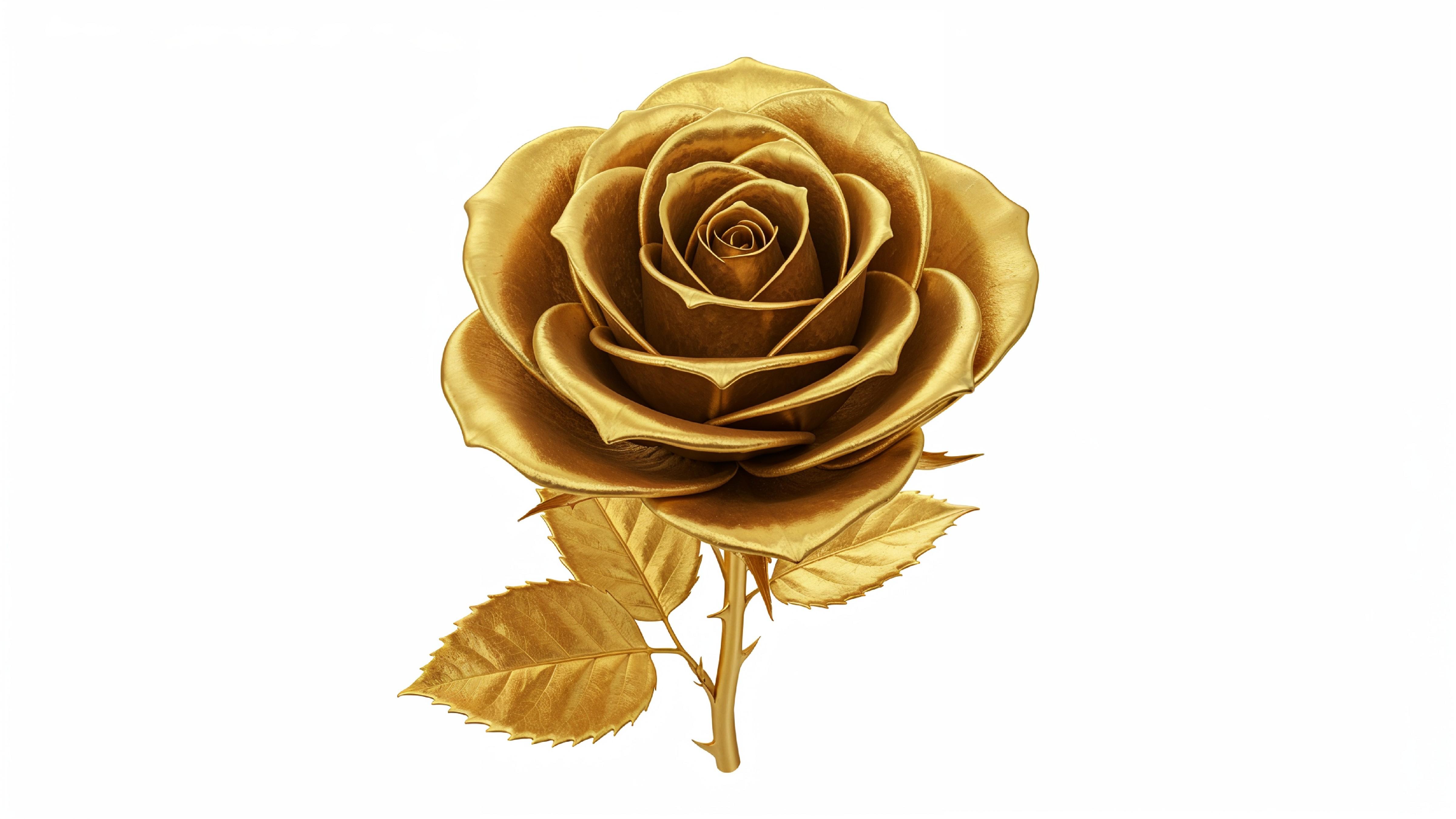 Luxury Golden Rose with Shimmering Petals on White Background