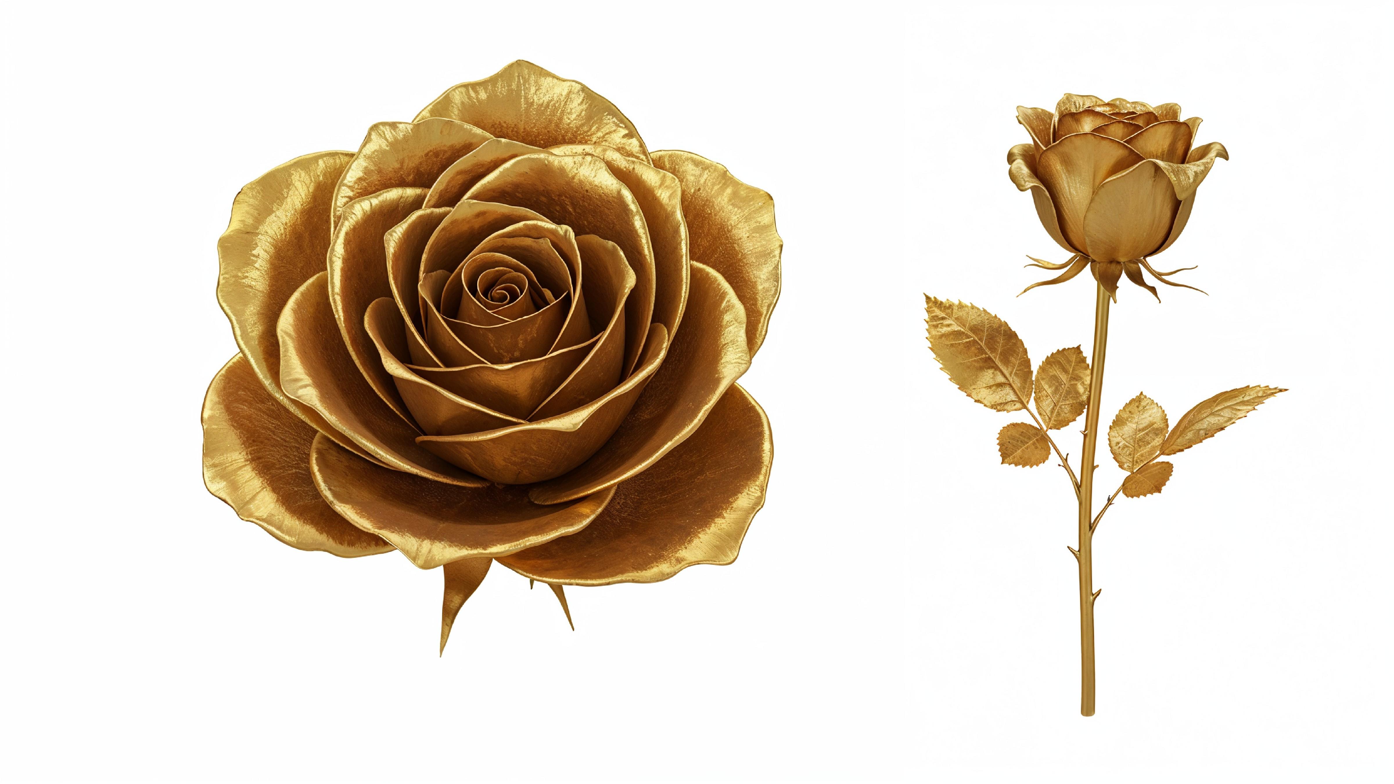 Luxury Golden Rose with Shimmering Petals on White Background