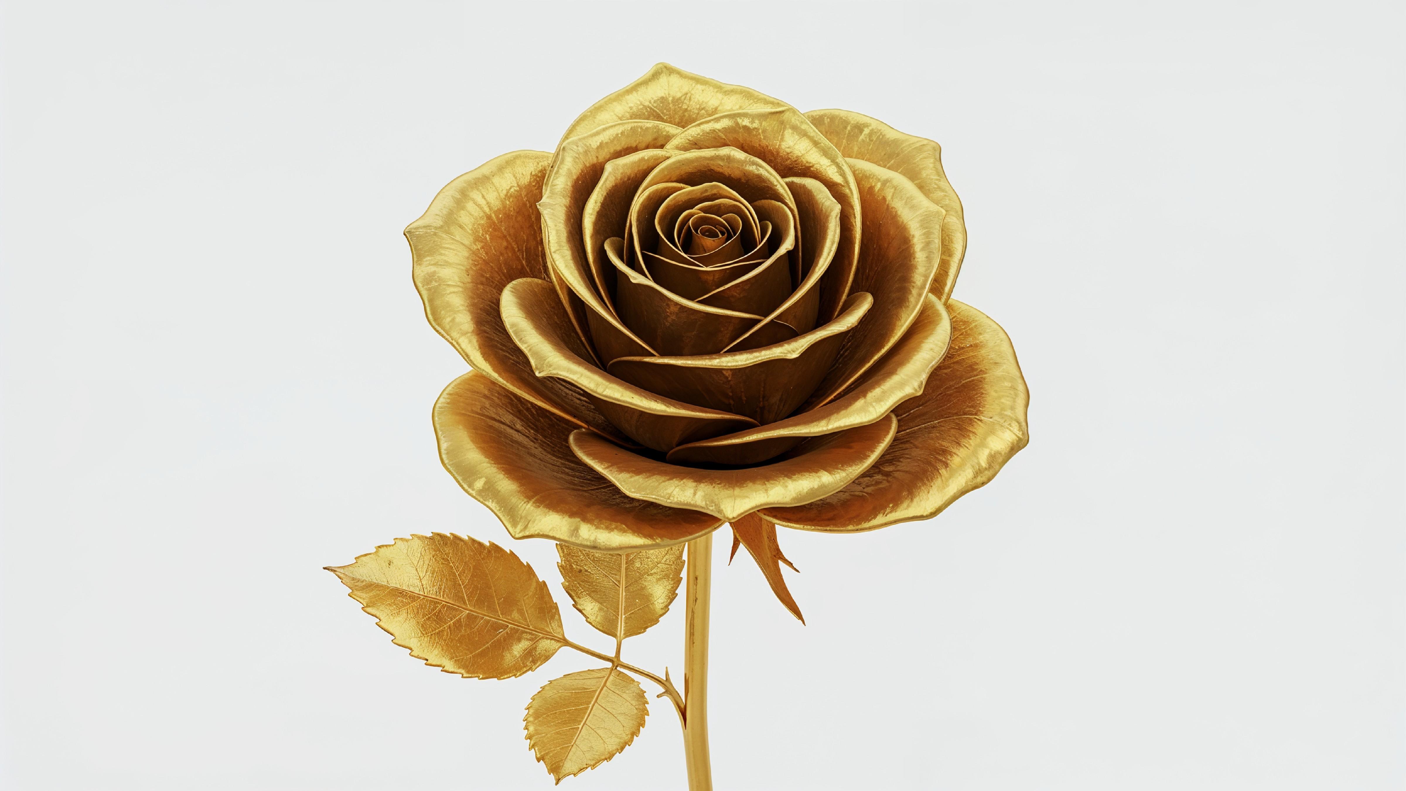 Luxury Golden Rose with Shimmering Petals on White Background
