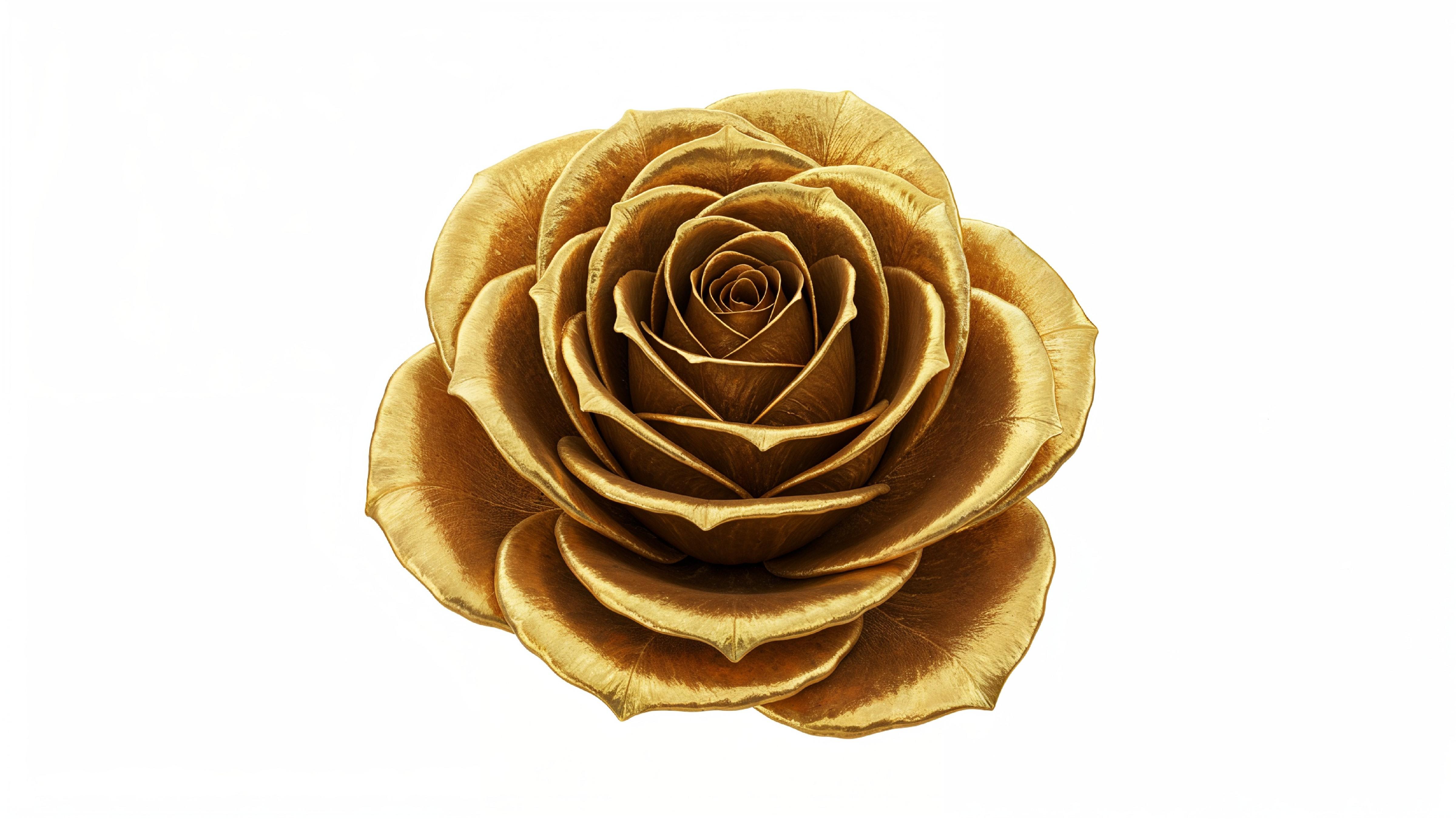 Luxury Golden Rose with Shimmering Petals on White Background