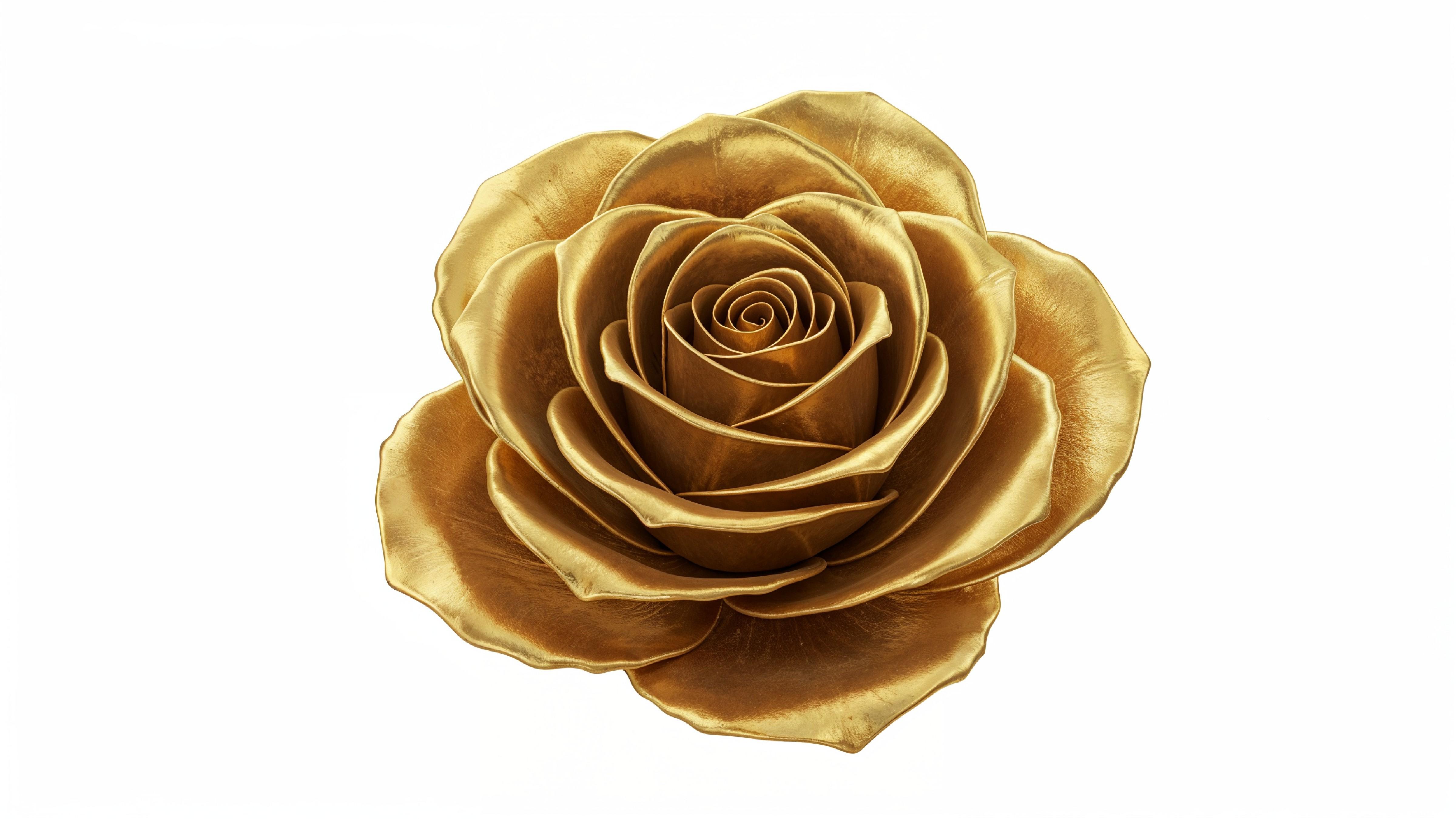 Luxury Golden Rose with Shimmering Petals on White Background