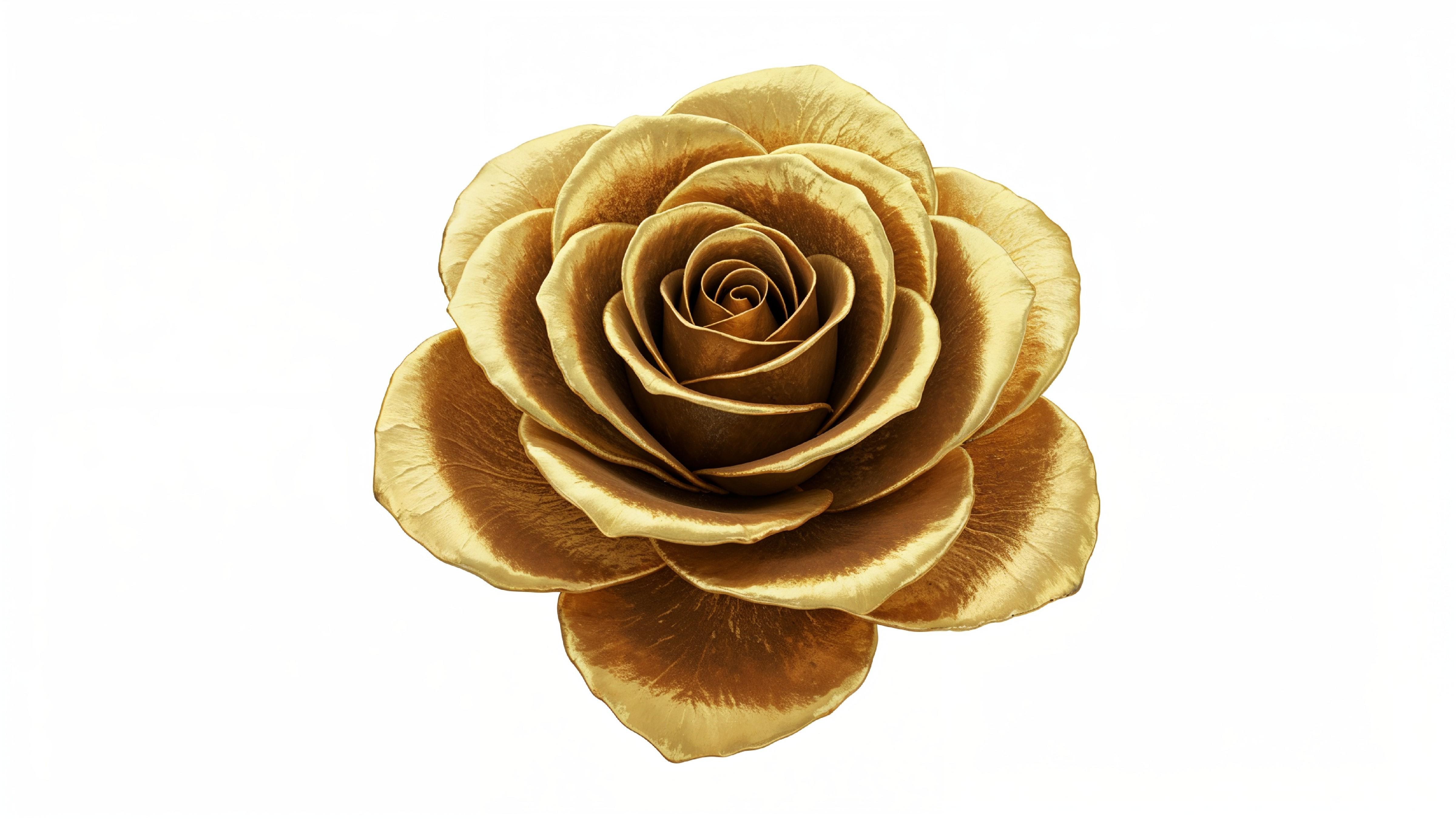Luxury Golden Rose with Shimmering Petals on White Background