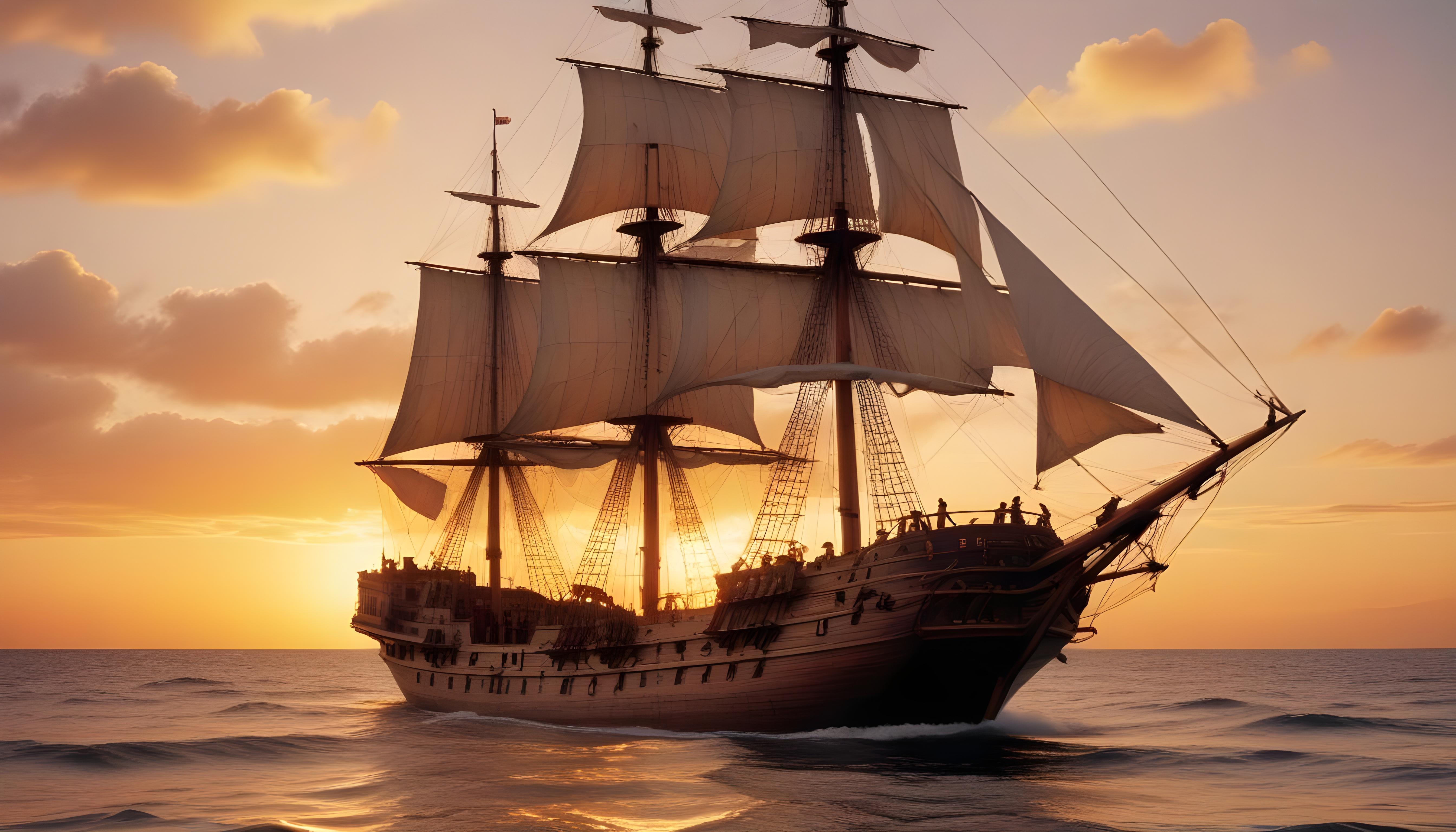 Majestic Sailing Ship on Ocean with Vintage Maritime Adventure Theme