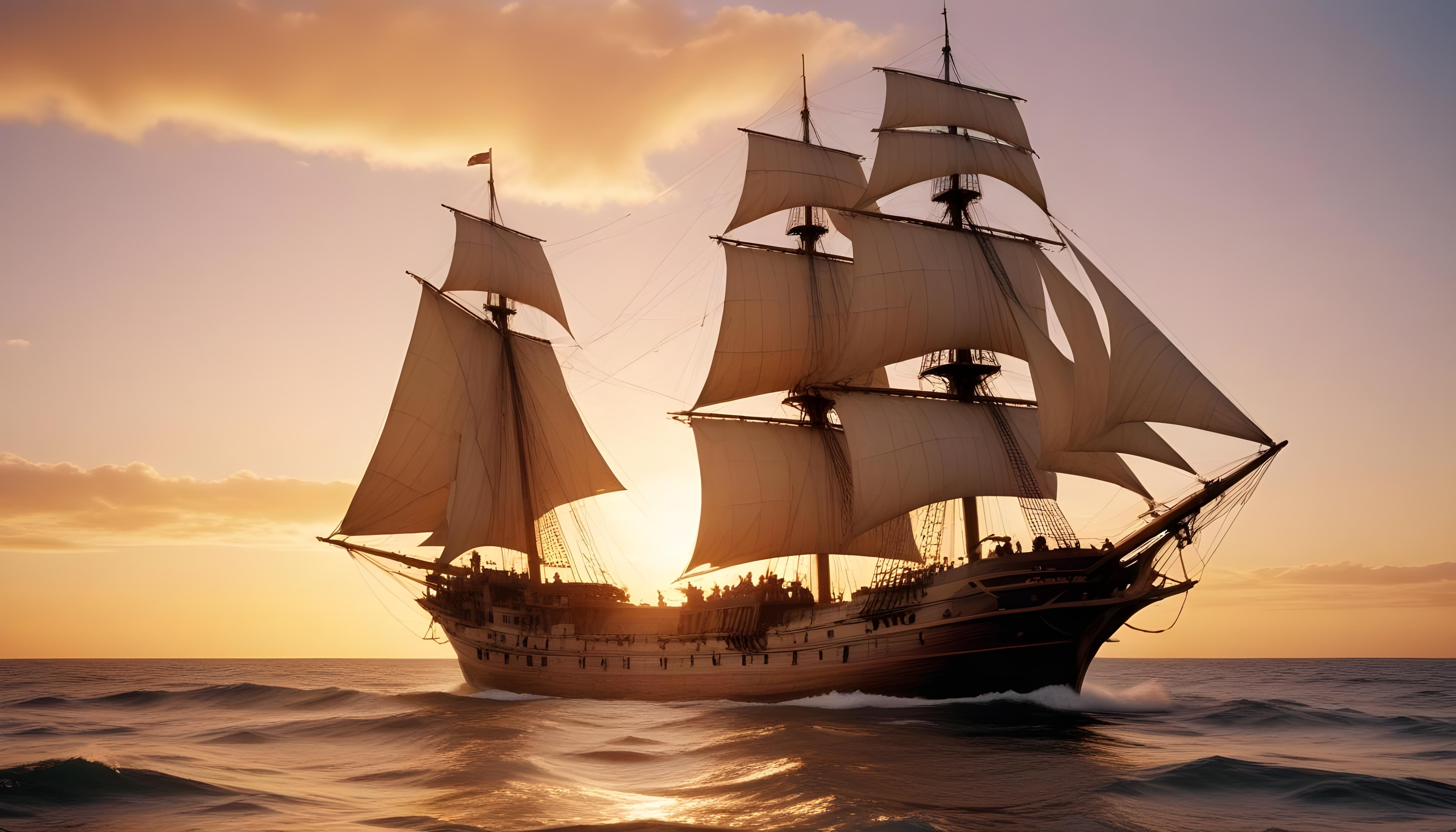 Majestic Sailing Ship on Ocean with Vintage Maritime Adventure Theme