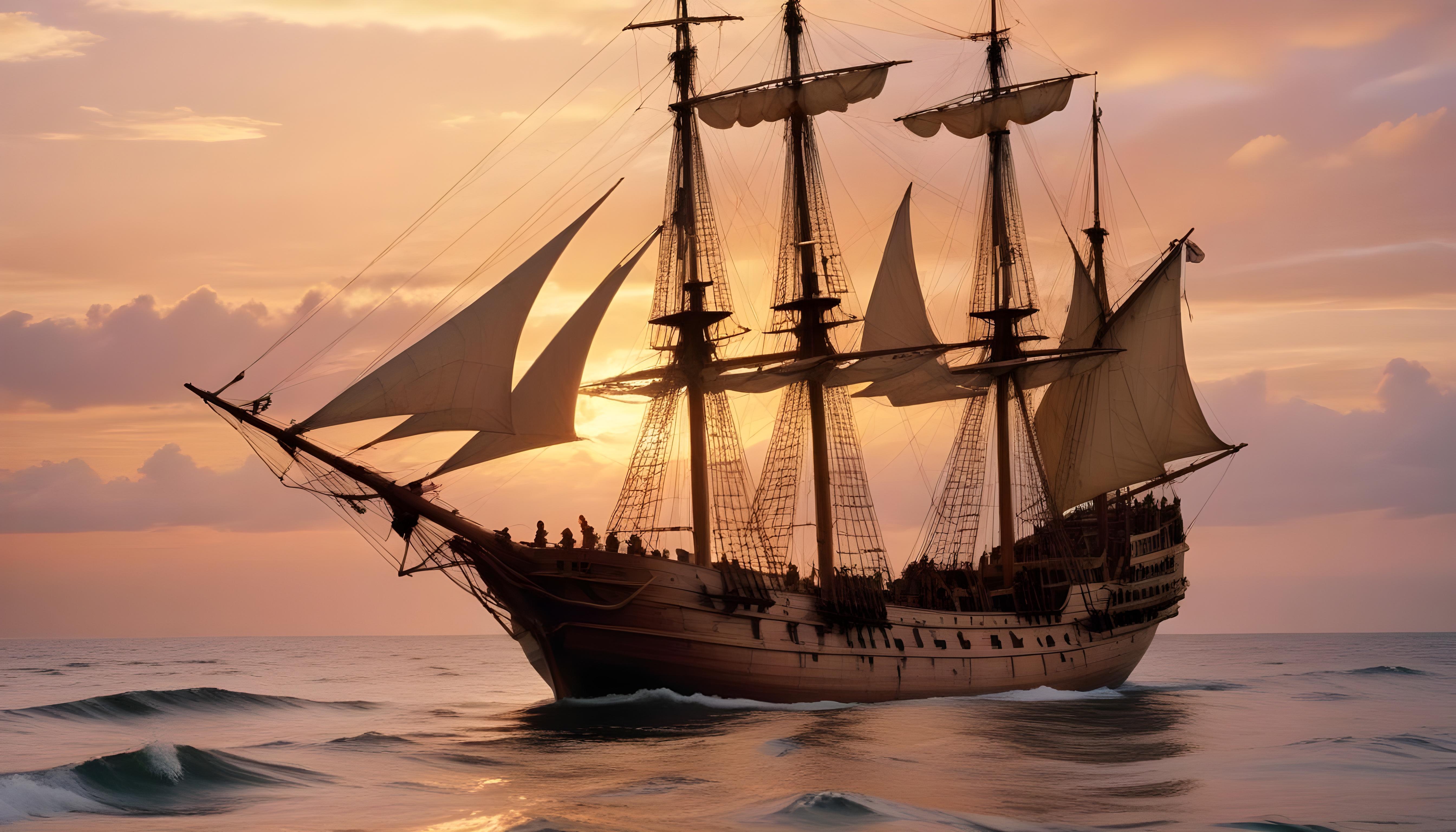 Majestic Sailing Ship on Ocean with Vintage Maritime Adventure Theme