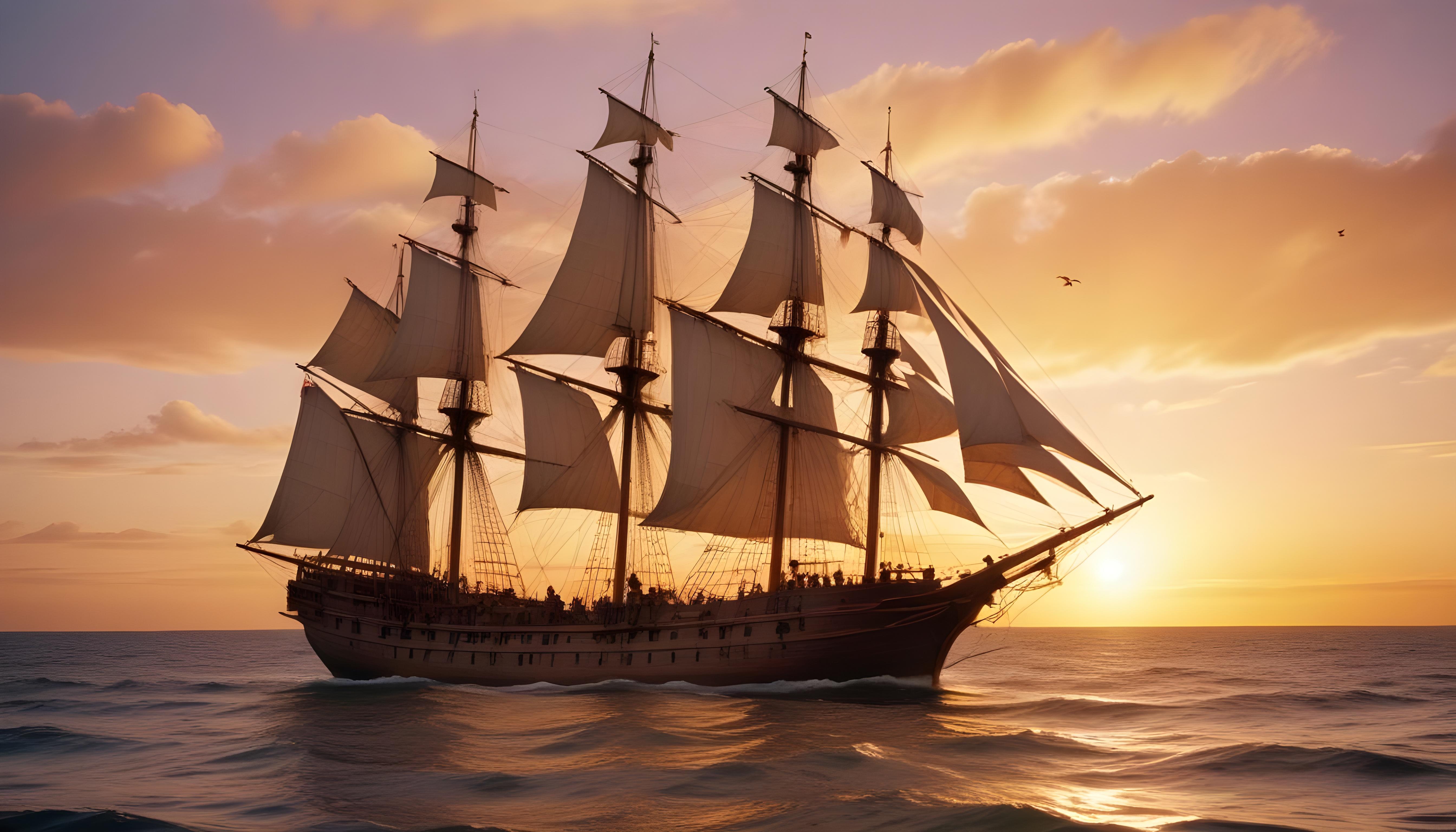 Majestic Sailing Ship on Ocean with Vintage Maritime Adventure Theme