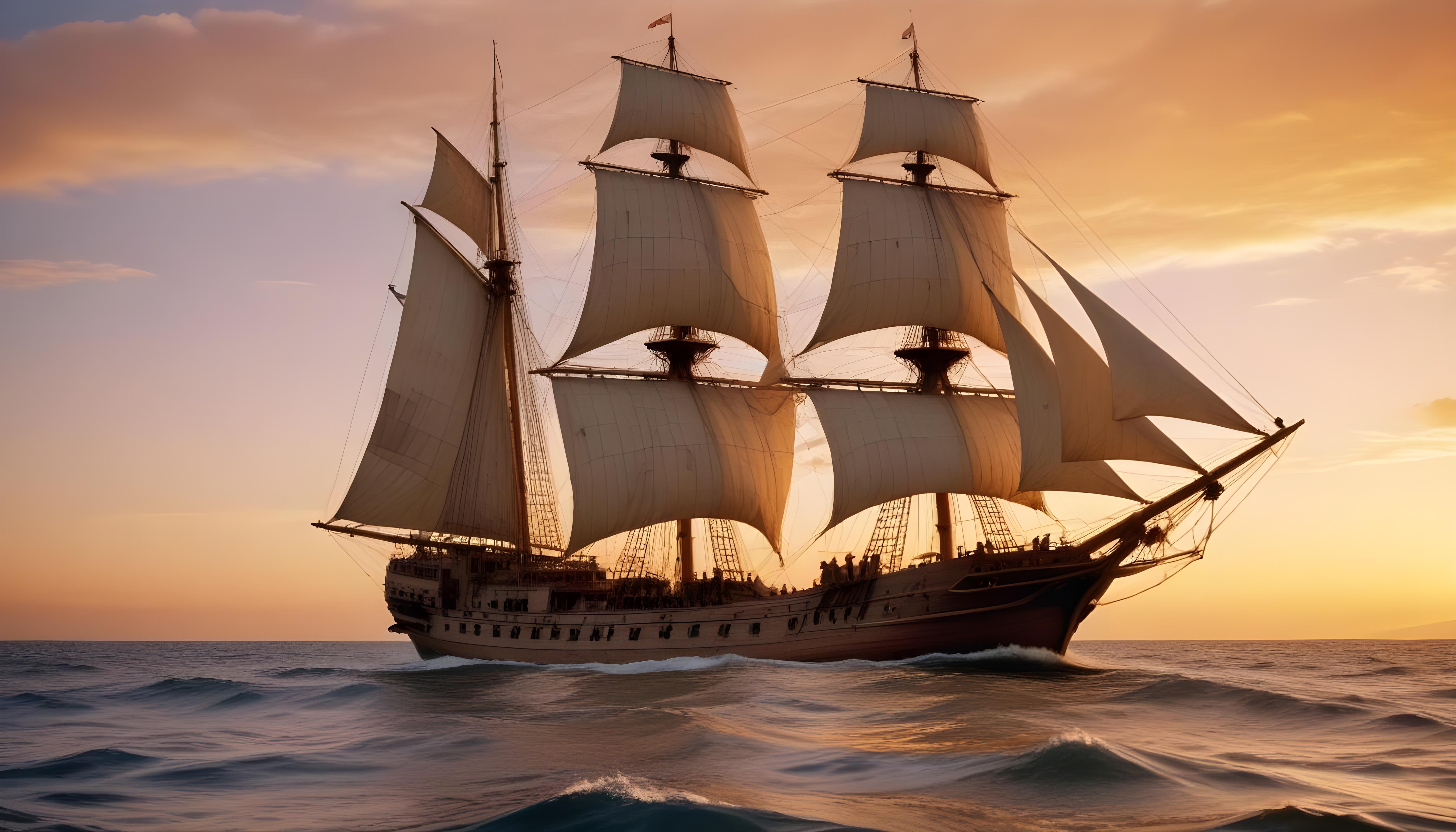 Majestic Sailing Ship on Ocean with Vintage Maritime Adventure Theme