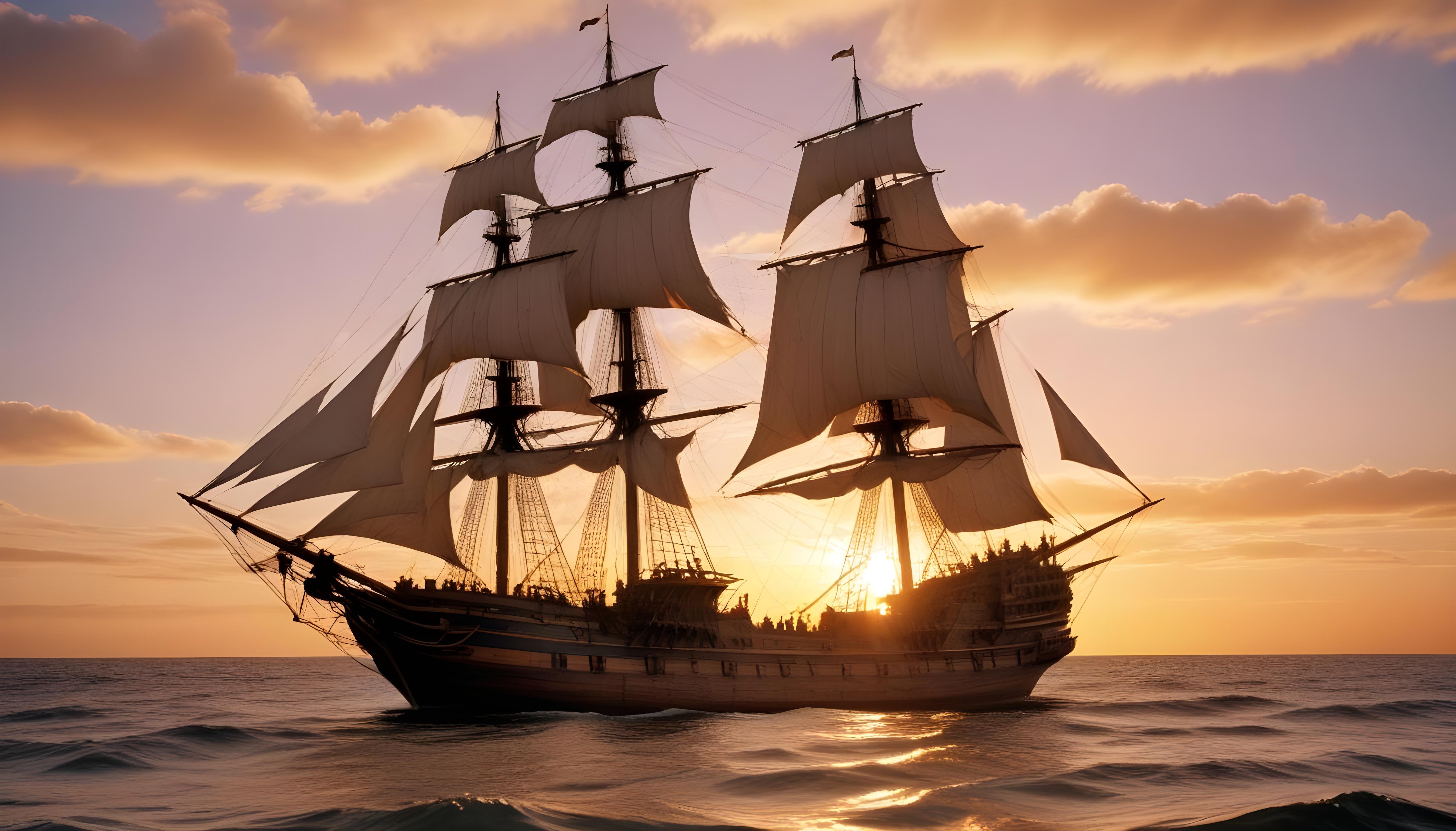 Majestic Sailing Ship on Ocean with Vintage Maritime Adventure Theme
