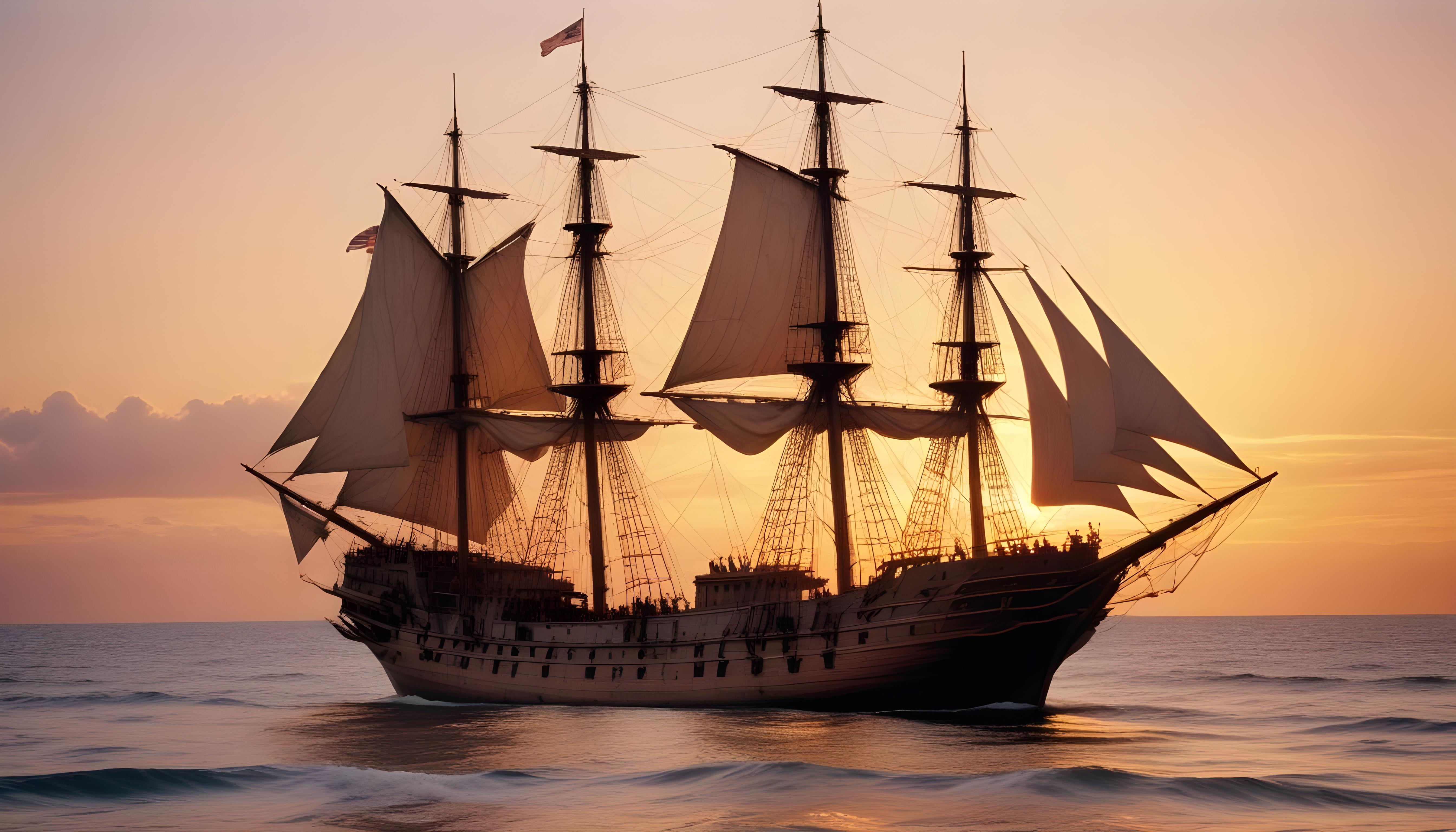Majestic Sailing Ship on Ocean with Vintage Maritime Adventure Theme