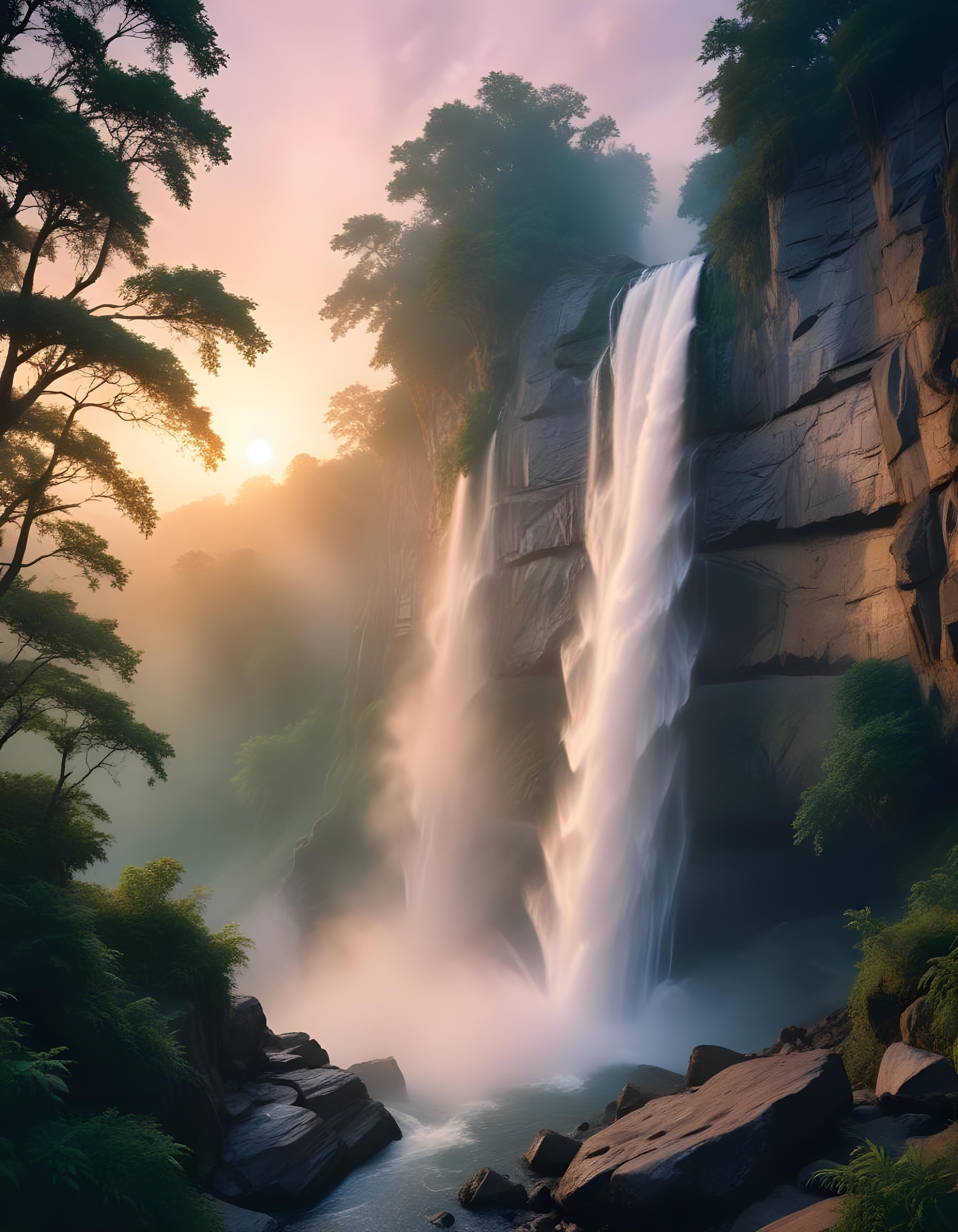 Majestic Waterfall Landscape with Lush Forest and Crystal Clear Water