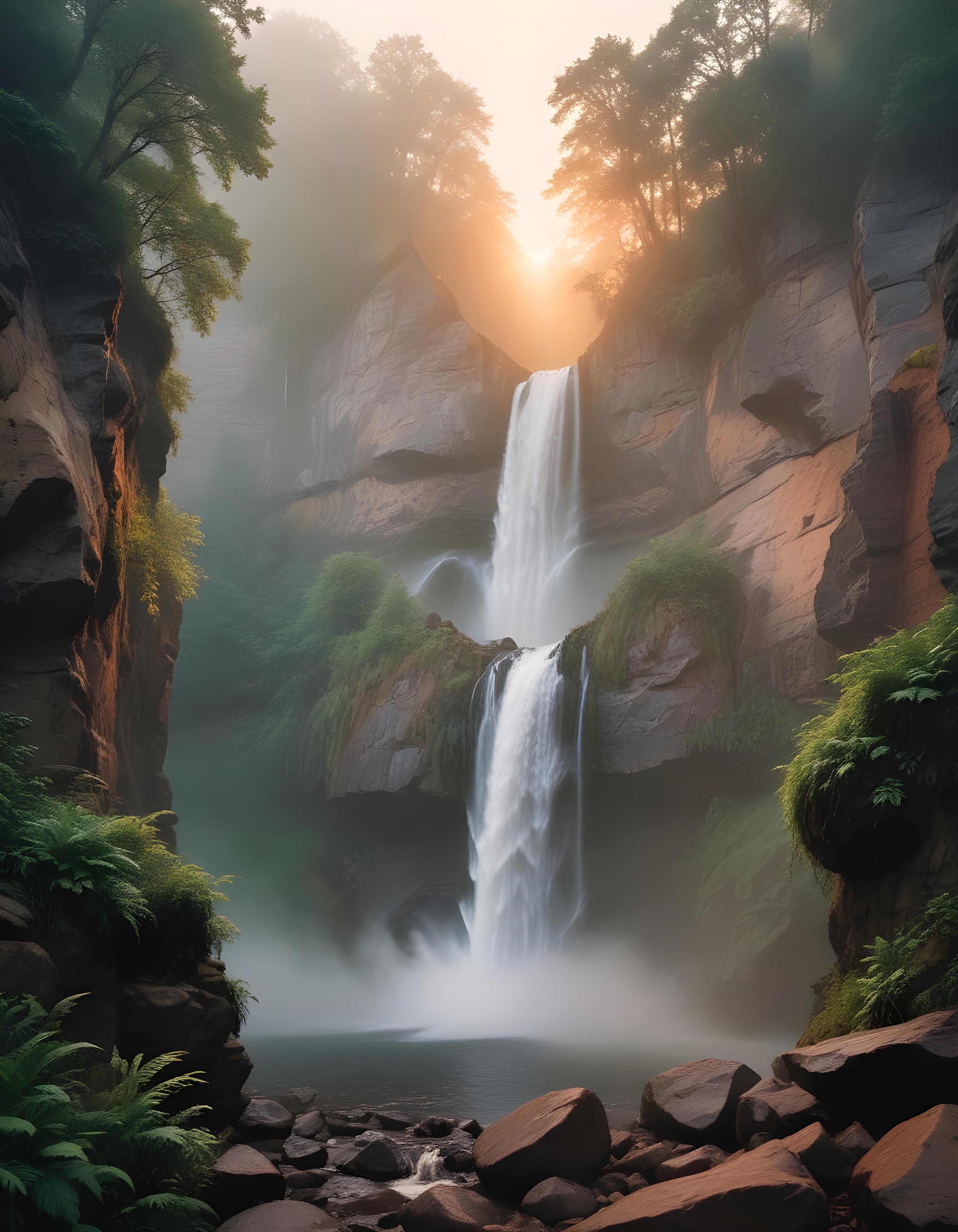 Majestic Waterfall Landscape with Lush Forest and Crystal Clear Water