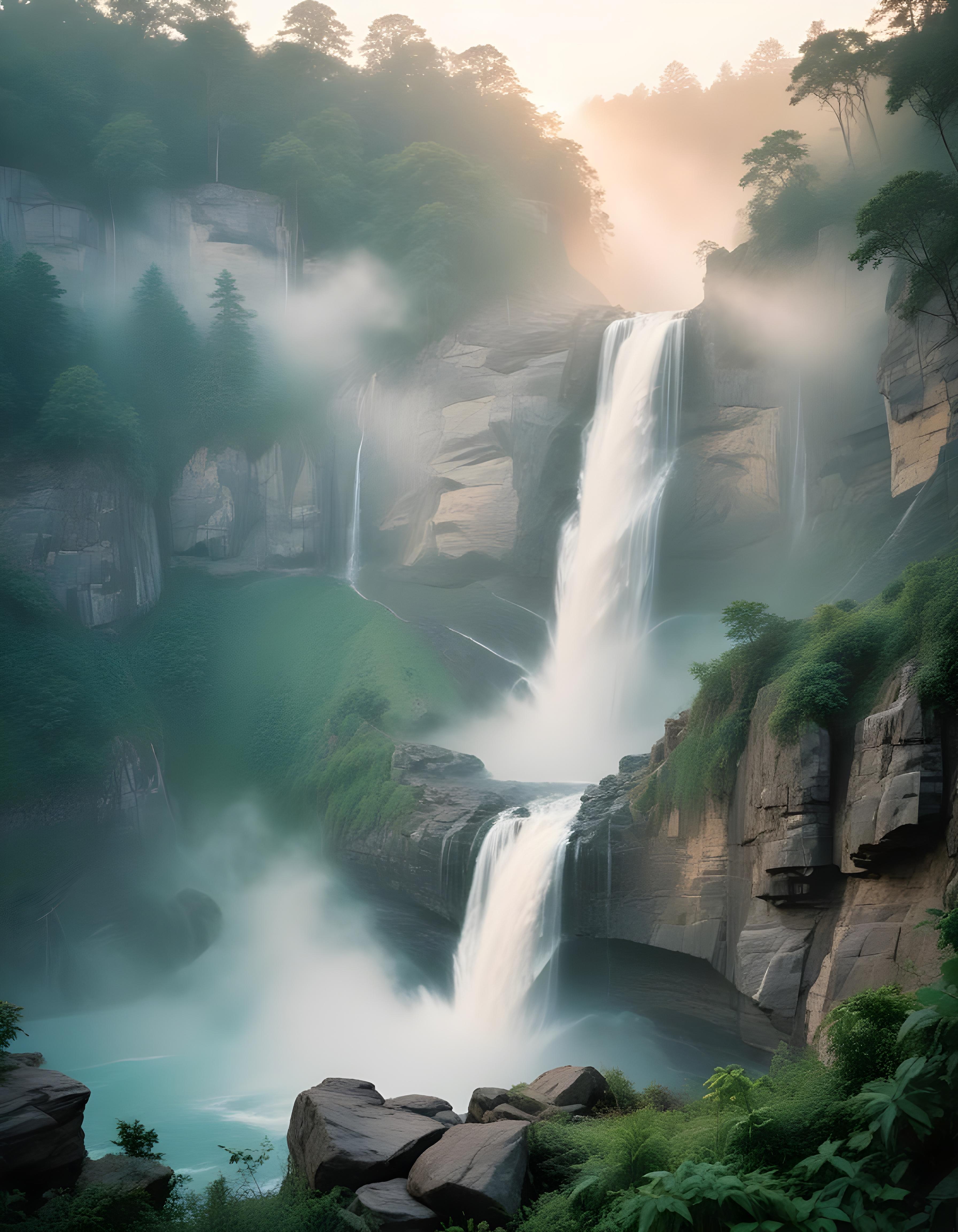Majestic Waterfall Landscape with Lush Forest and Crystal Clear Water