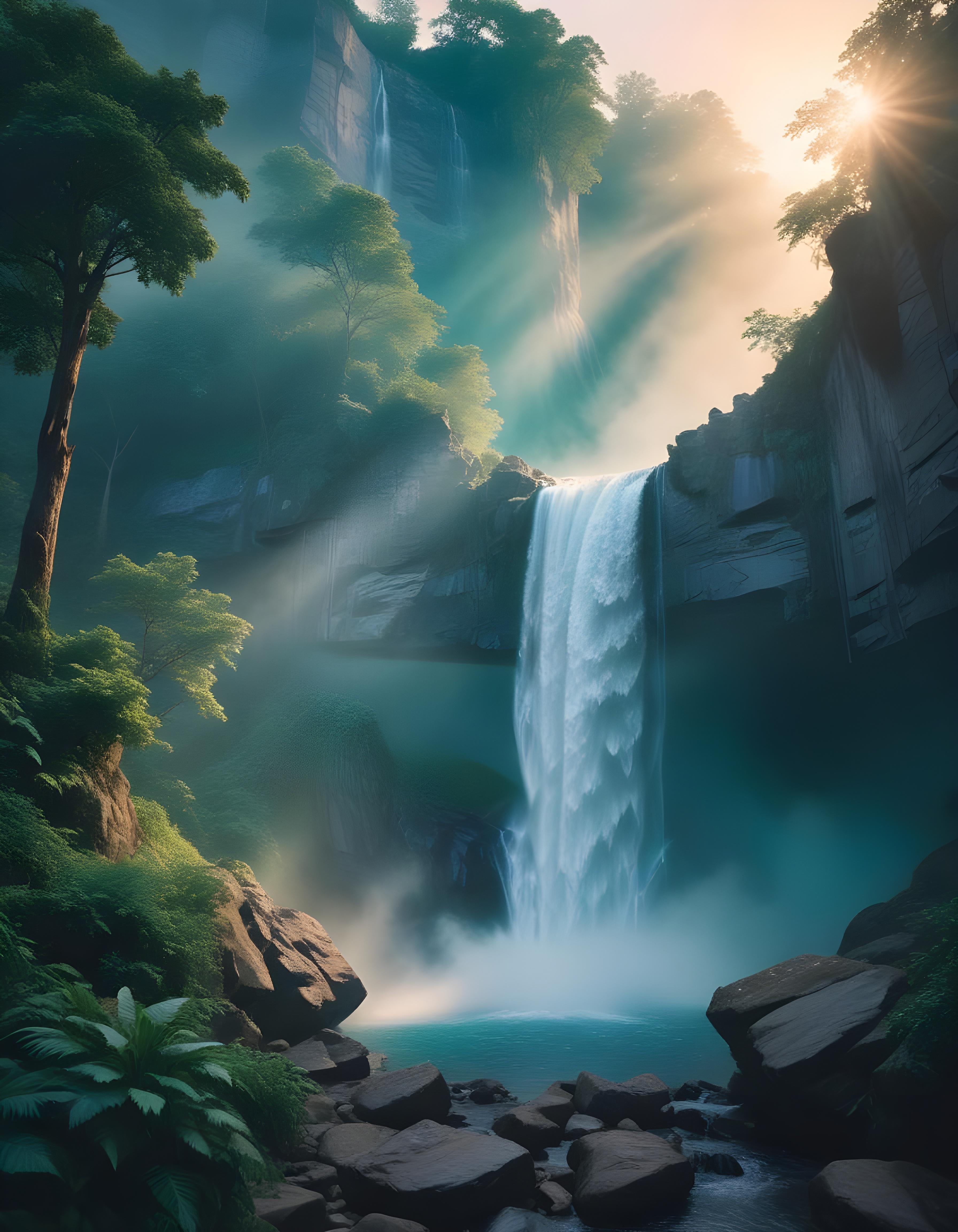Majestic Waterfall Landscape with Lush Forest and Crystal Clear Water