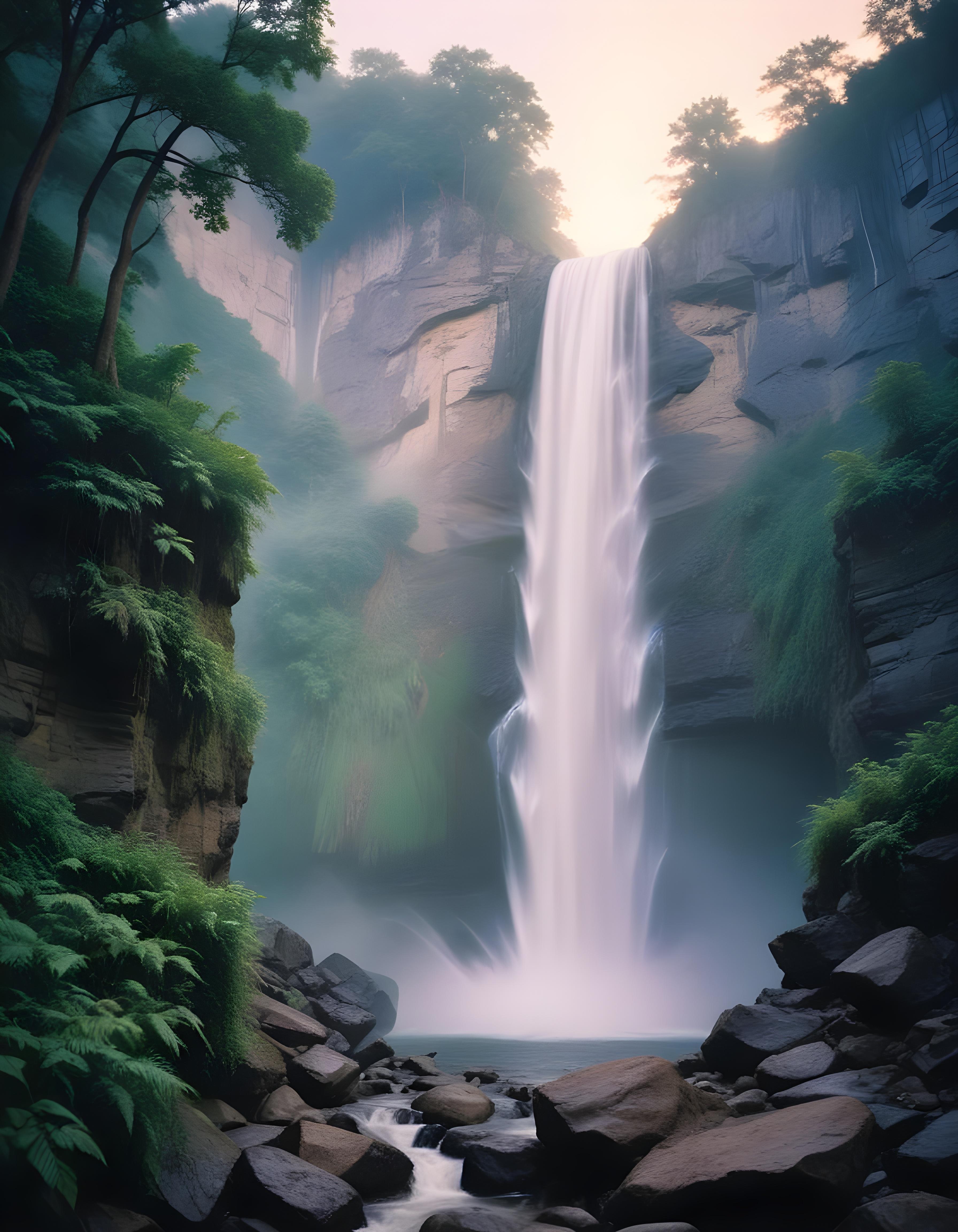 Majestic Waterfall Landscape with Lush Forest and Crystal Clear Water