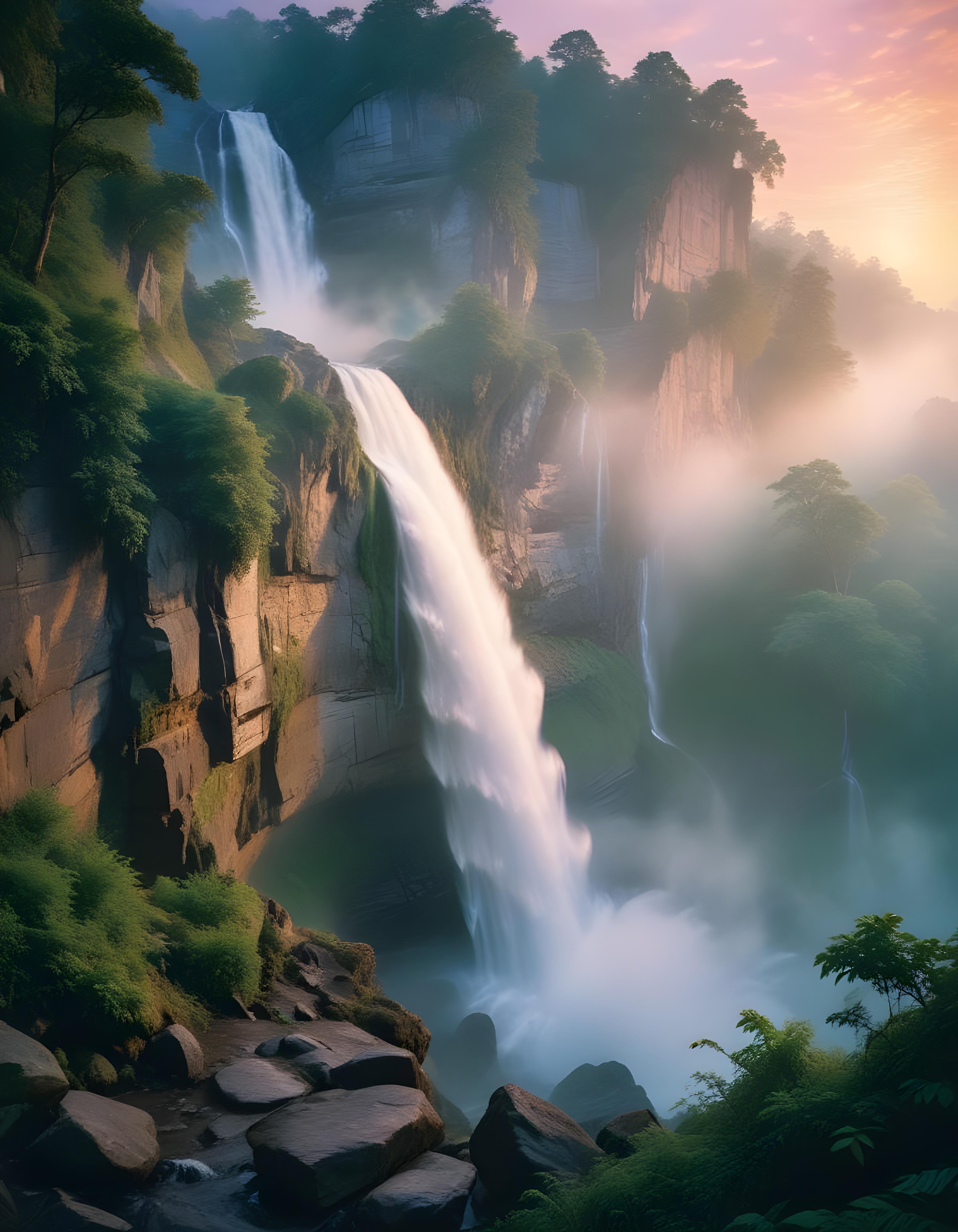 Majestic Waterfall Landscape with Lush Forest and Crystal Clear Water