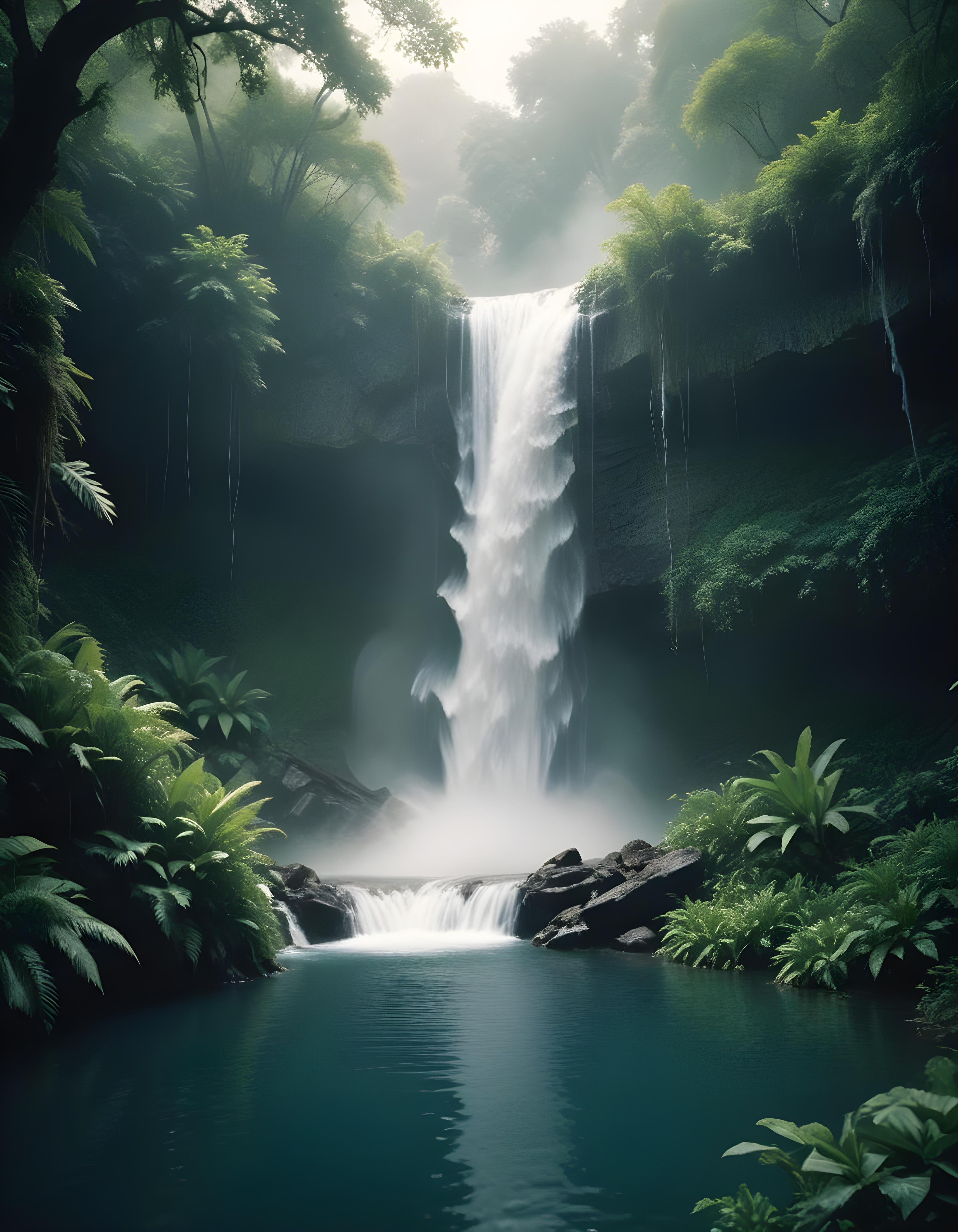 Majestic Waterfall Landscape with Lush Forest and Crystal Clear Water