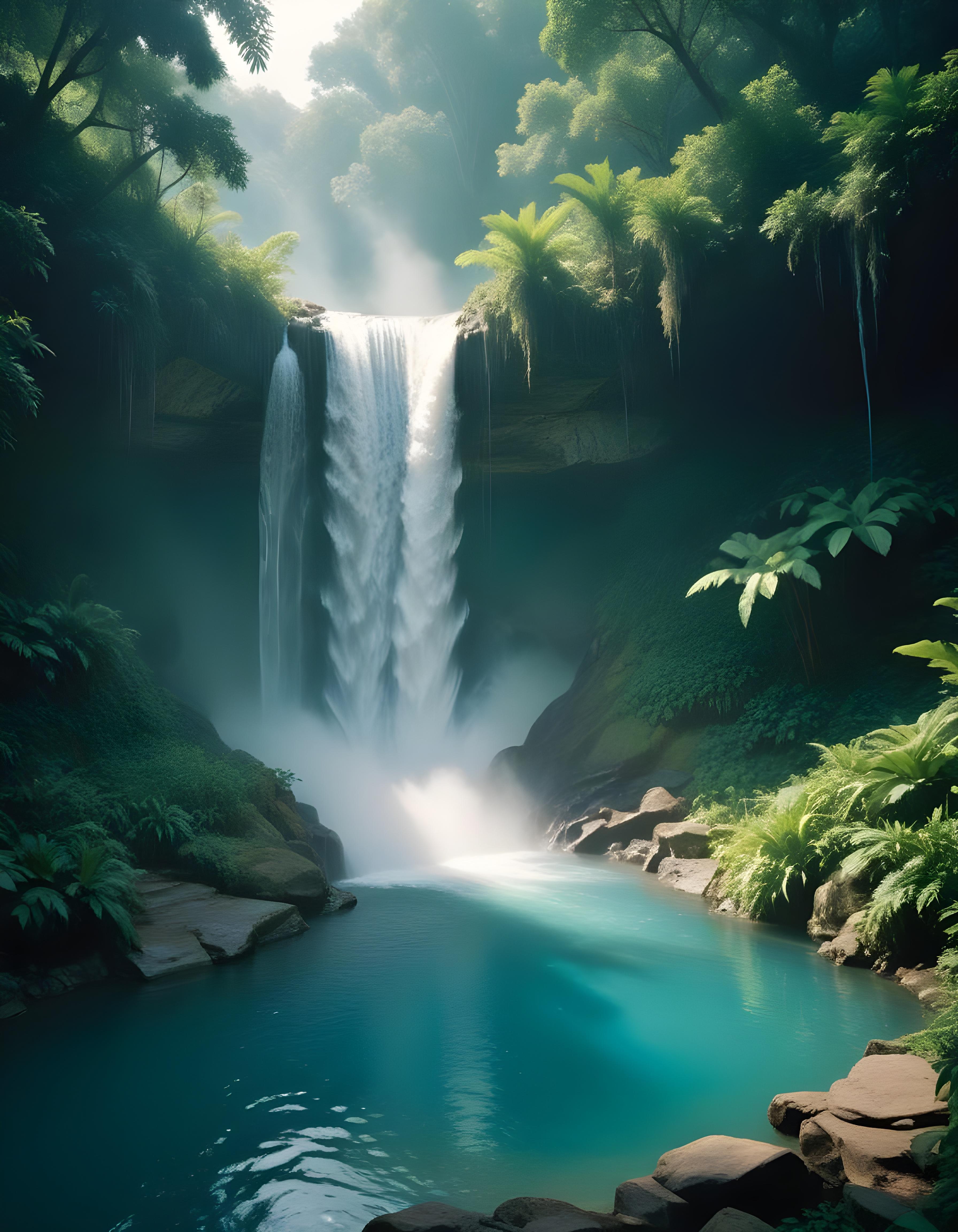 Majestic Waterfall Landscape with Lush Forest and Crystal Clear Water