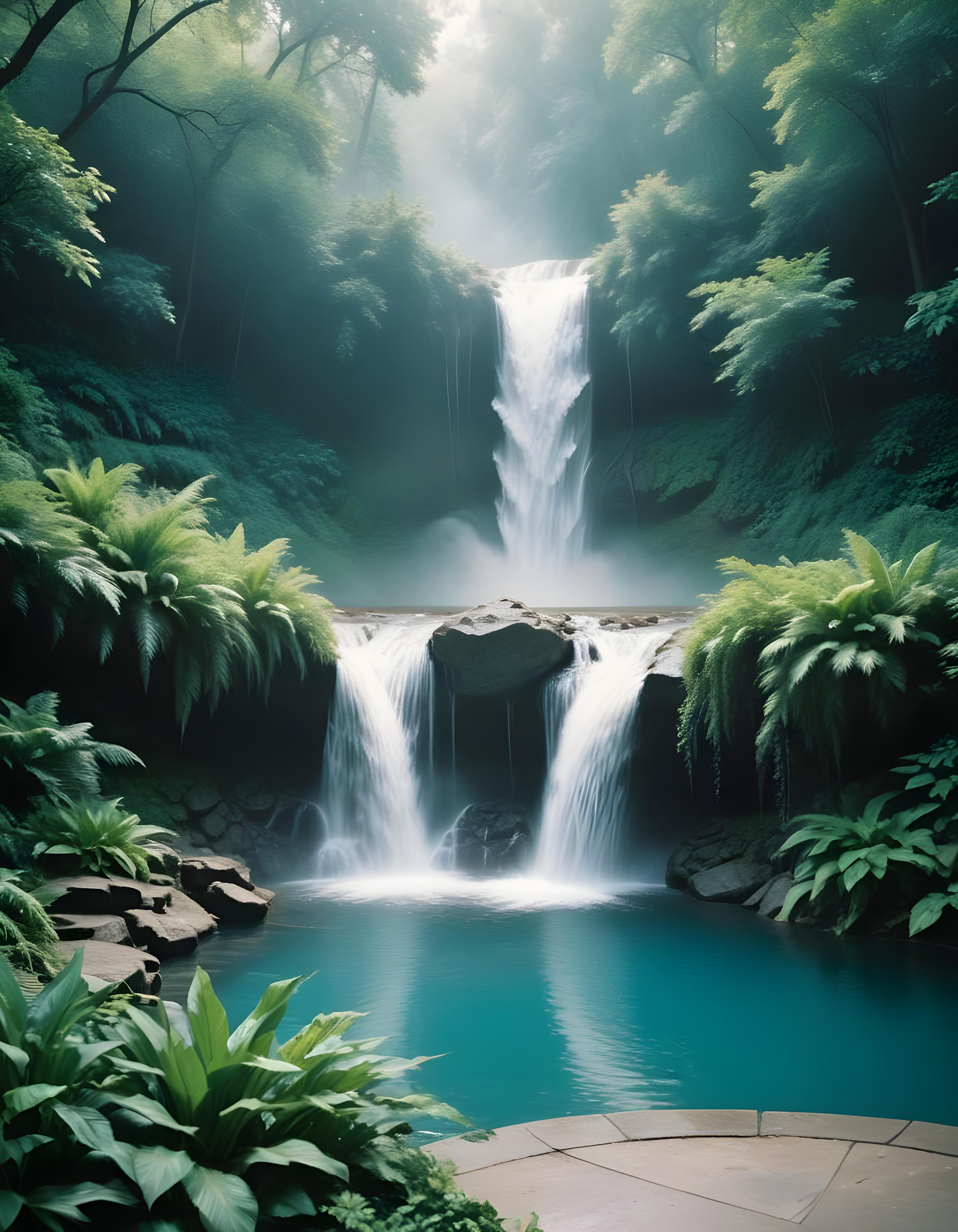Majestic Waterfall Landscape with Lush Forest and Crystal Clear Water