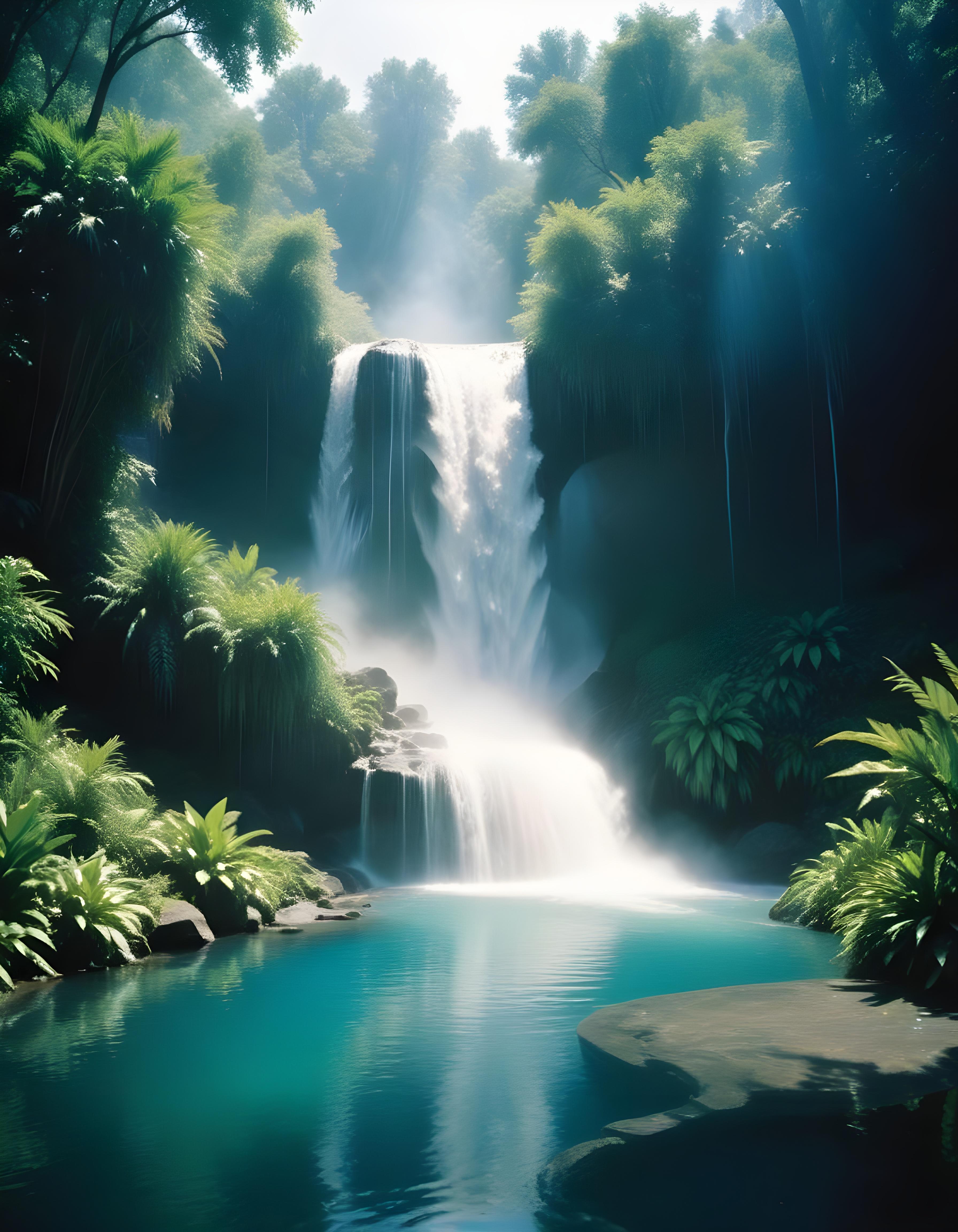 Majestic Waterfall Landscape with Lush Forest and Crystal Clear Water