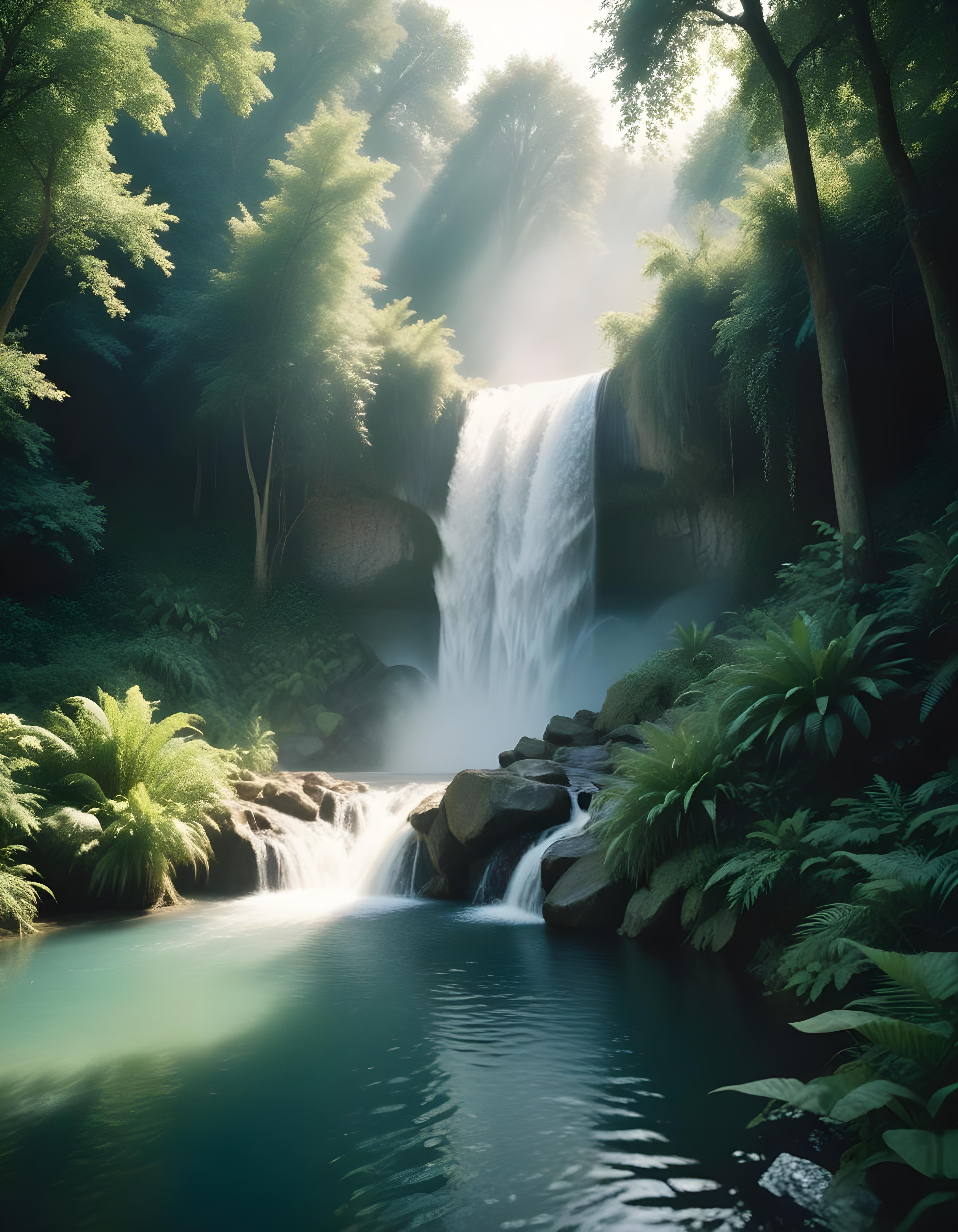 Majestic Waterfall Landscape with Lush Forest and Crystal Clear Water