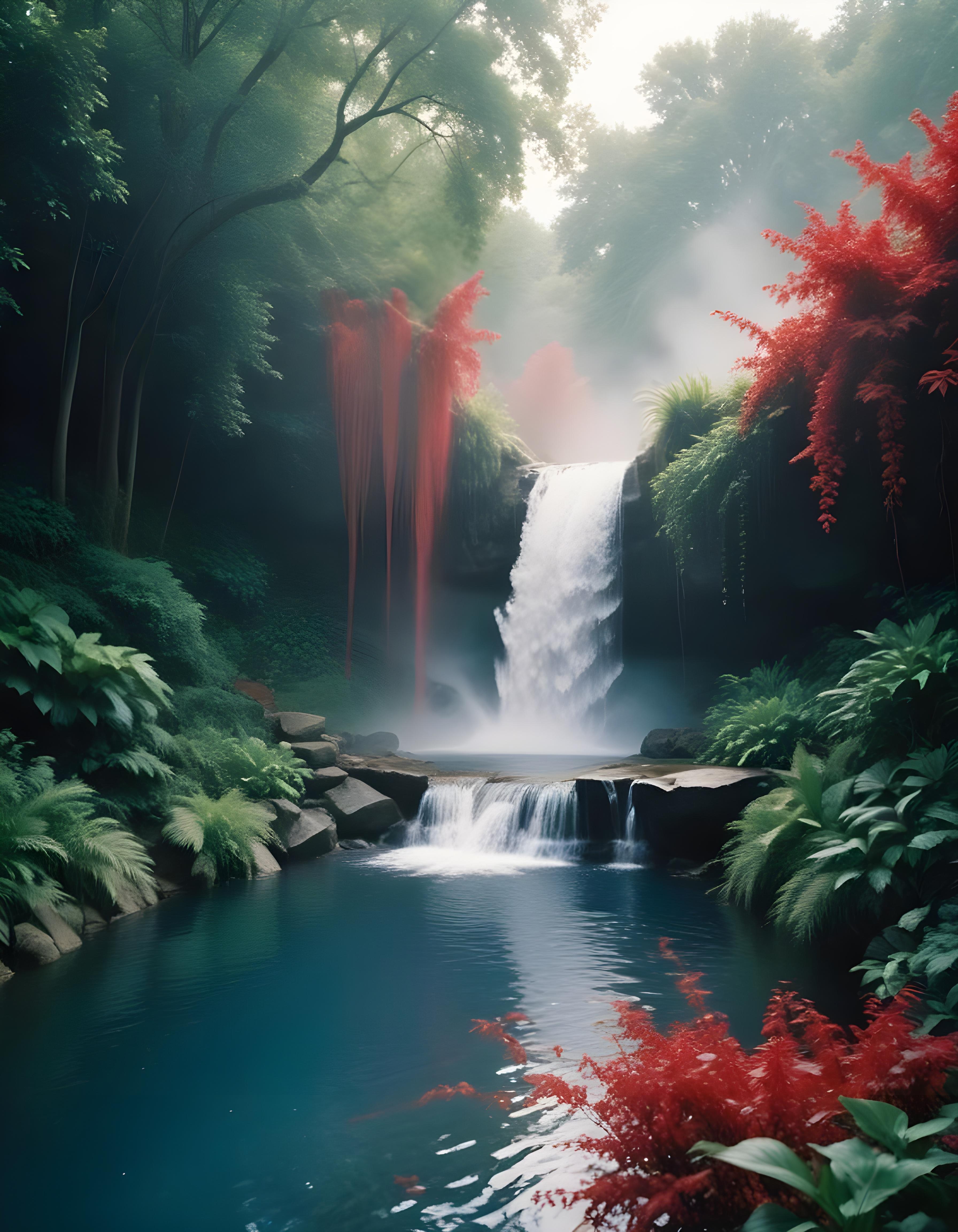 Majestic Waterfall Landscape with Lush Forest and Crystal Clear Water