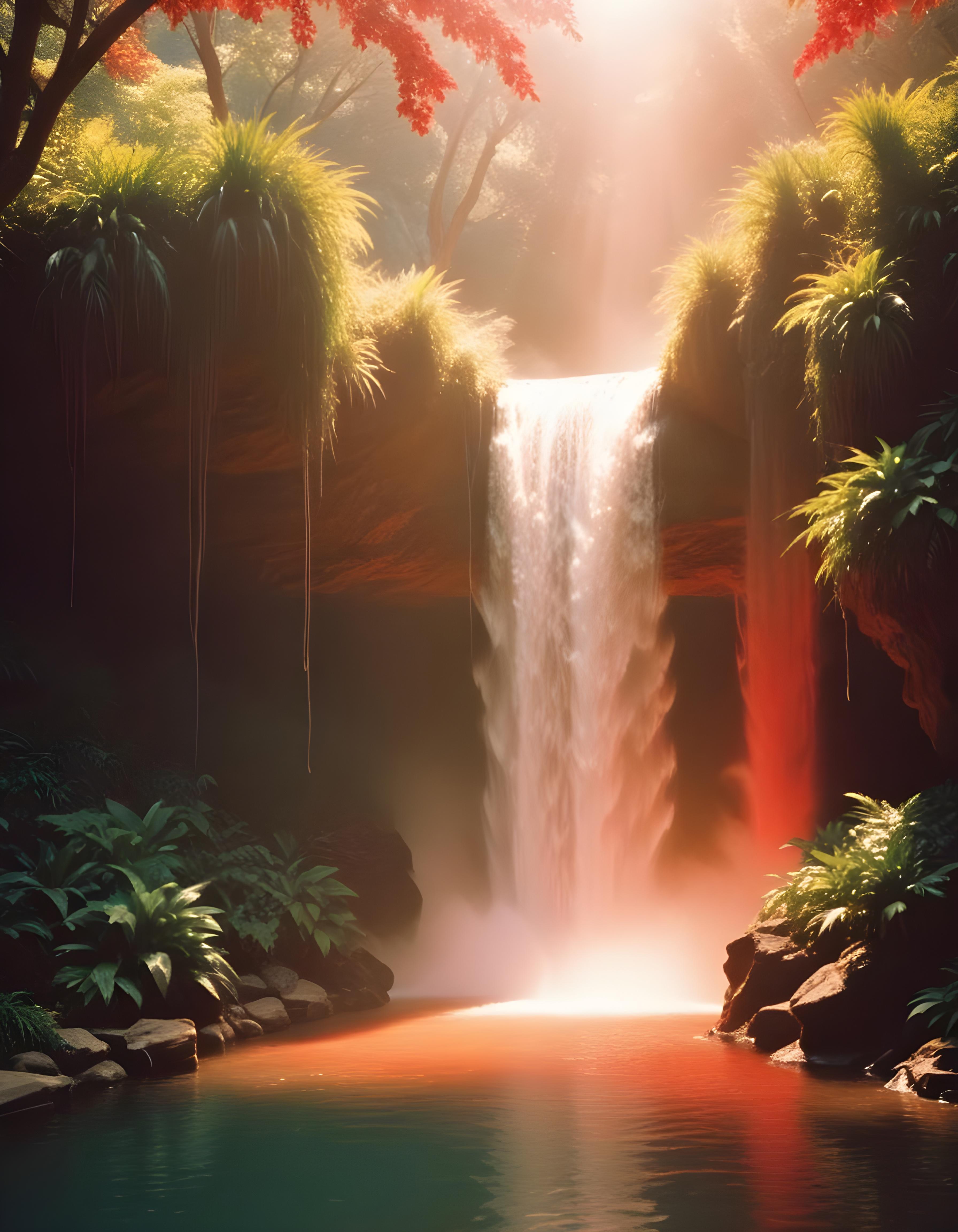Majestic Waterfall Landscape with Lush Forest and Crystal Clear Water
