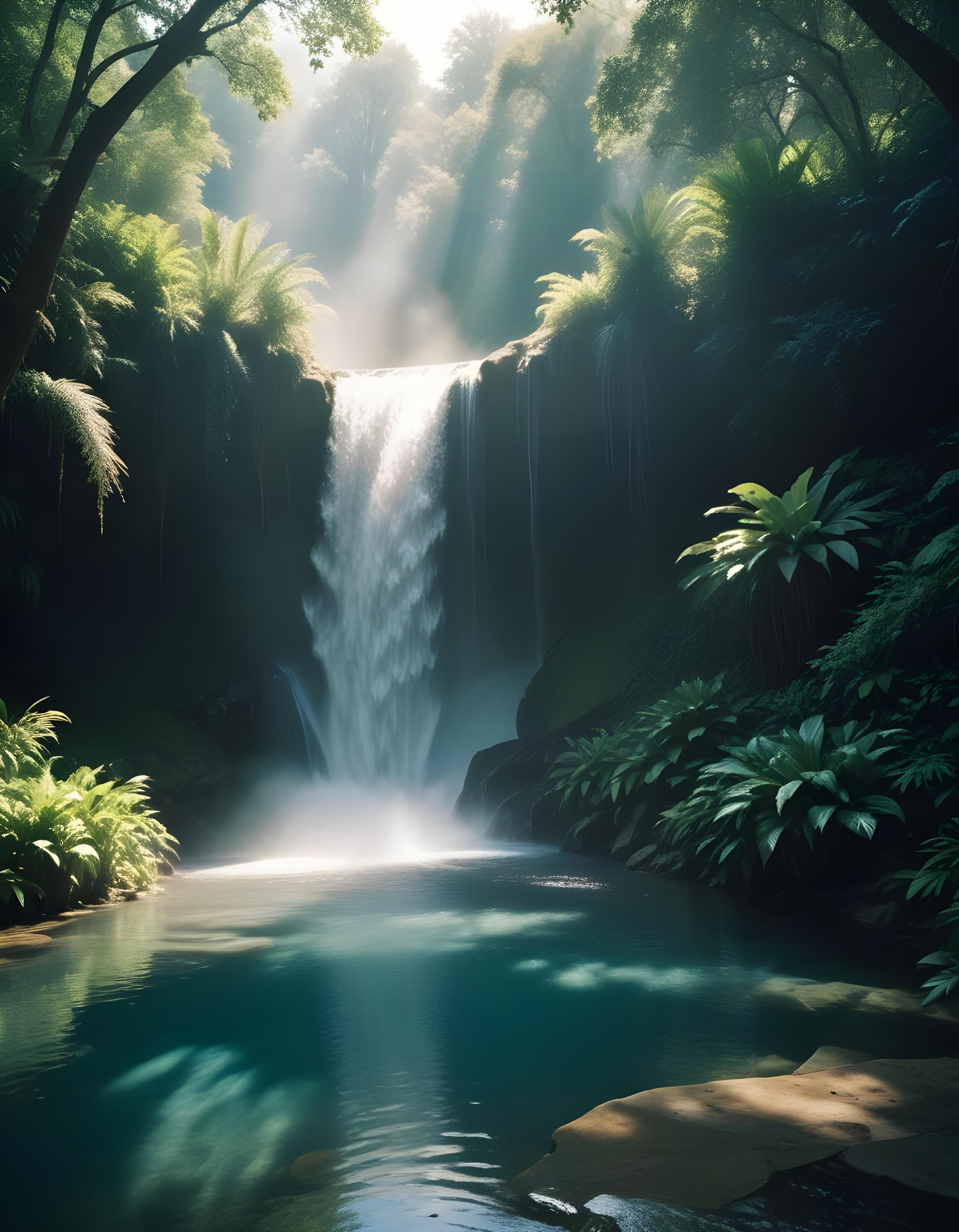 Majestic Waterfall Landscape with Lush Forest and Crystal Clear Water