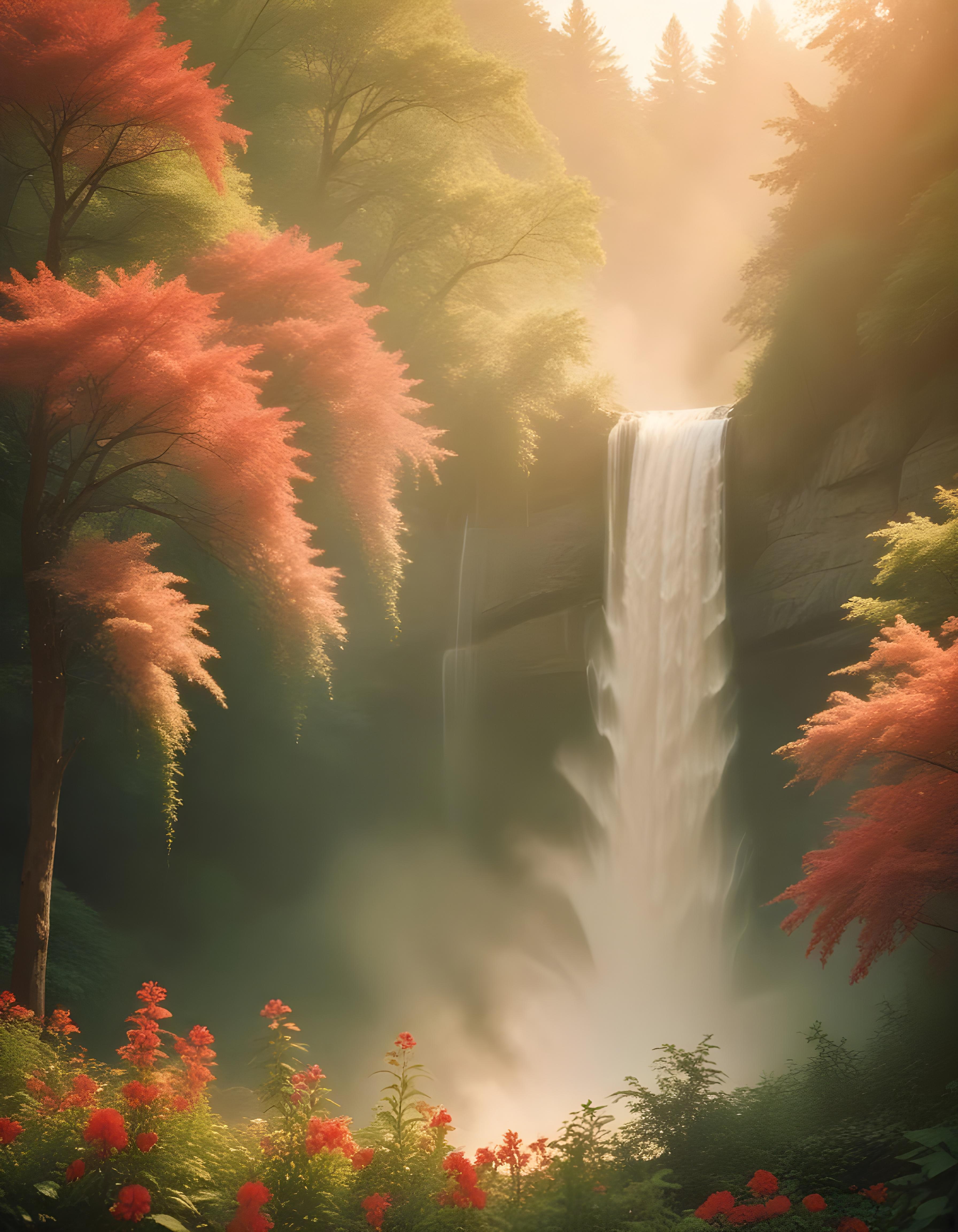 Majestic Waterfall Landscape with Lush Forest and Crystal Clear Water