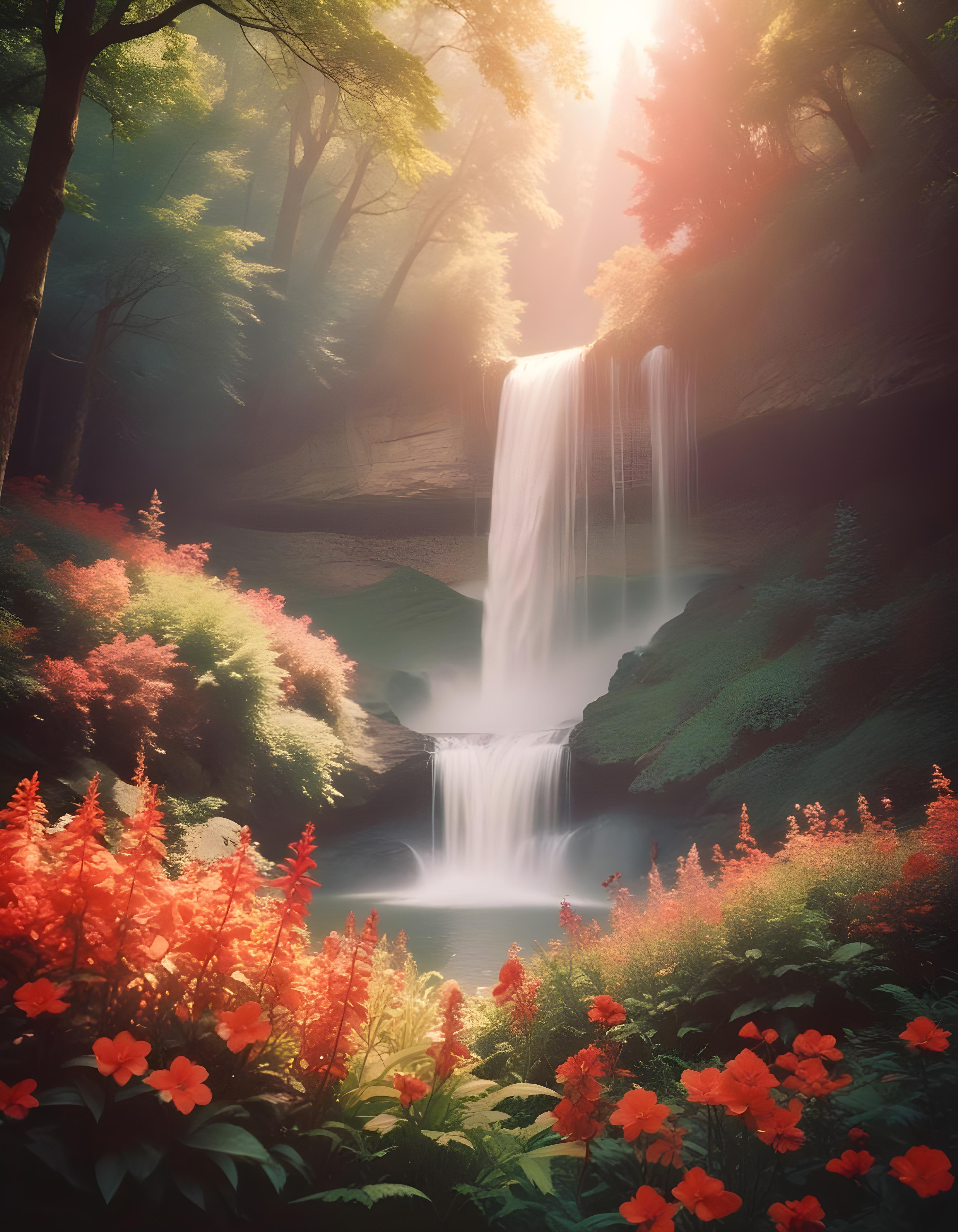 Majestic Waterfall Landscape with Lush Forest and Crystal Clear Water