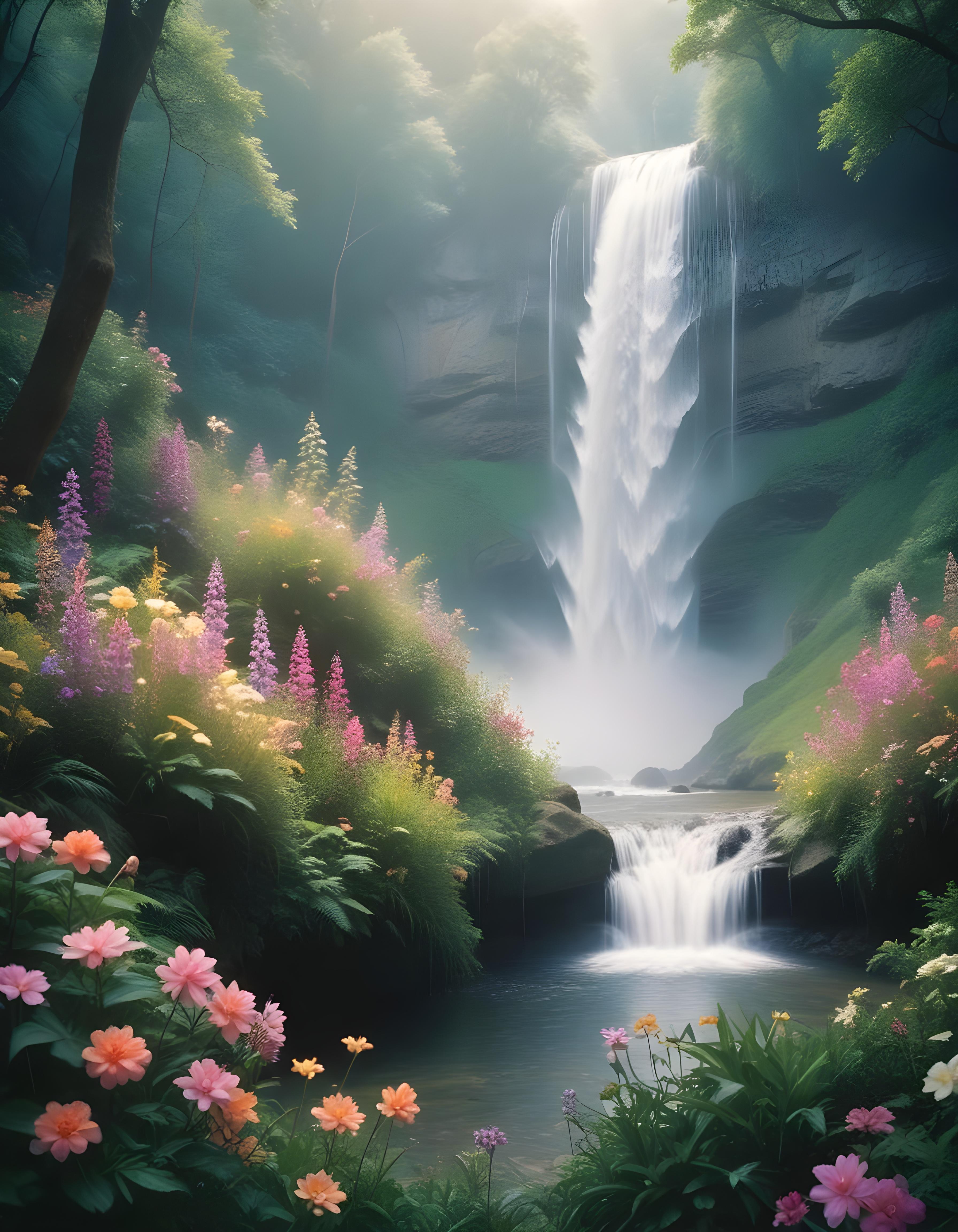 Majestic Waterfall Landscape with Lush Forest and Crystal Clear Water