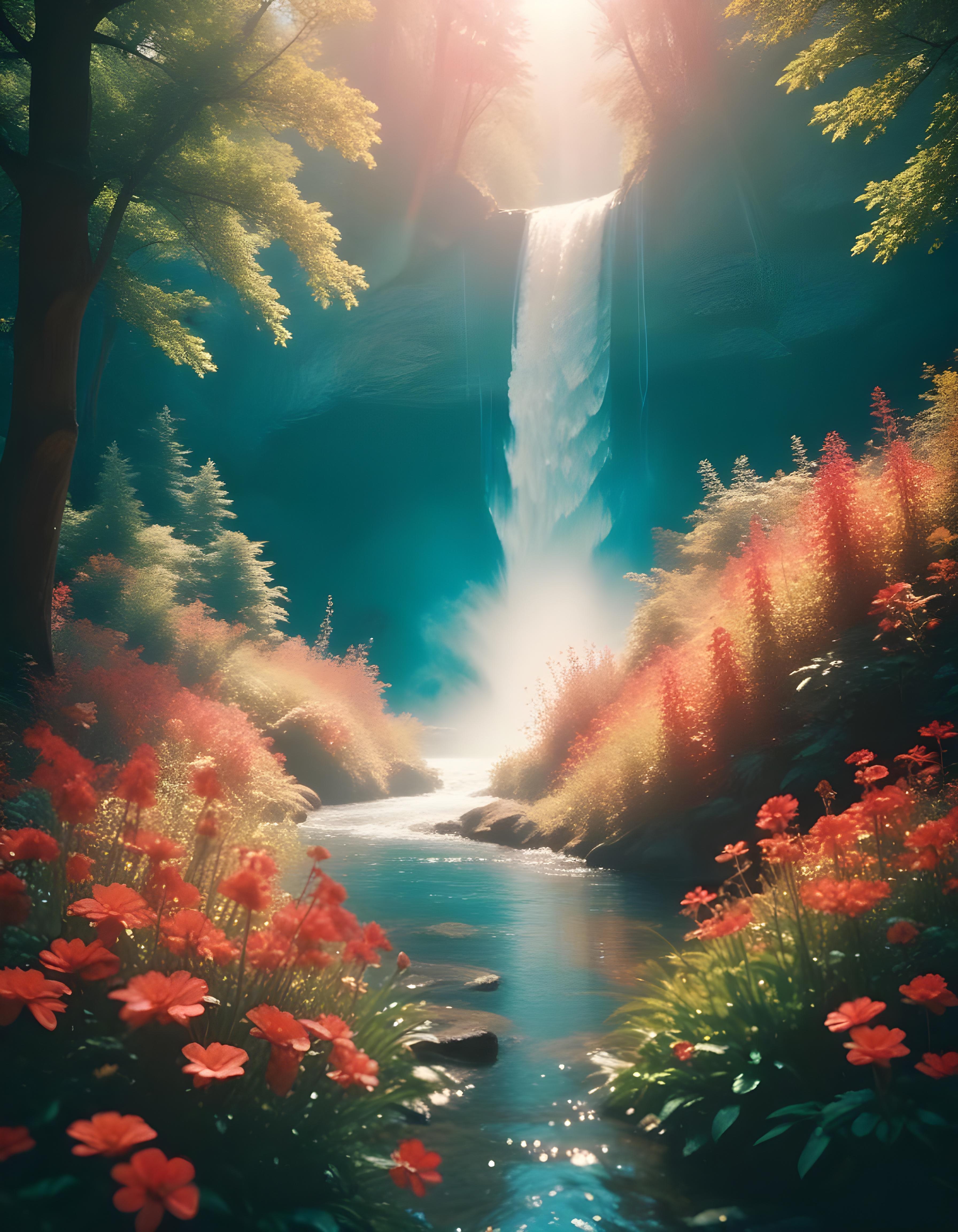 Majestic Waterfall Landscape with Lush Forest and Crystal Clear Water