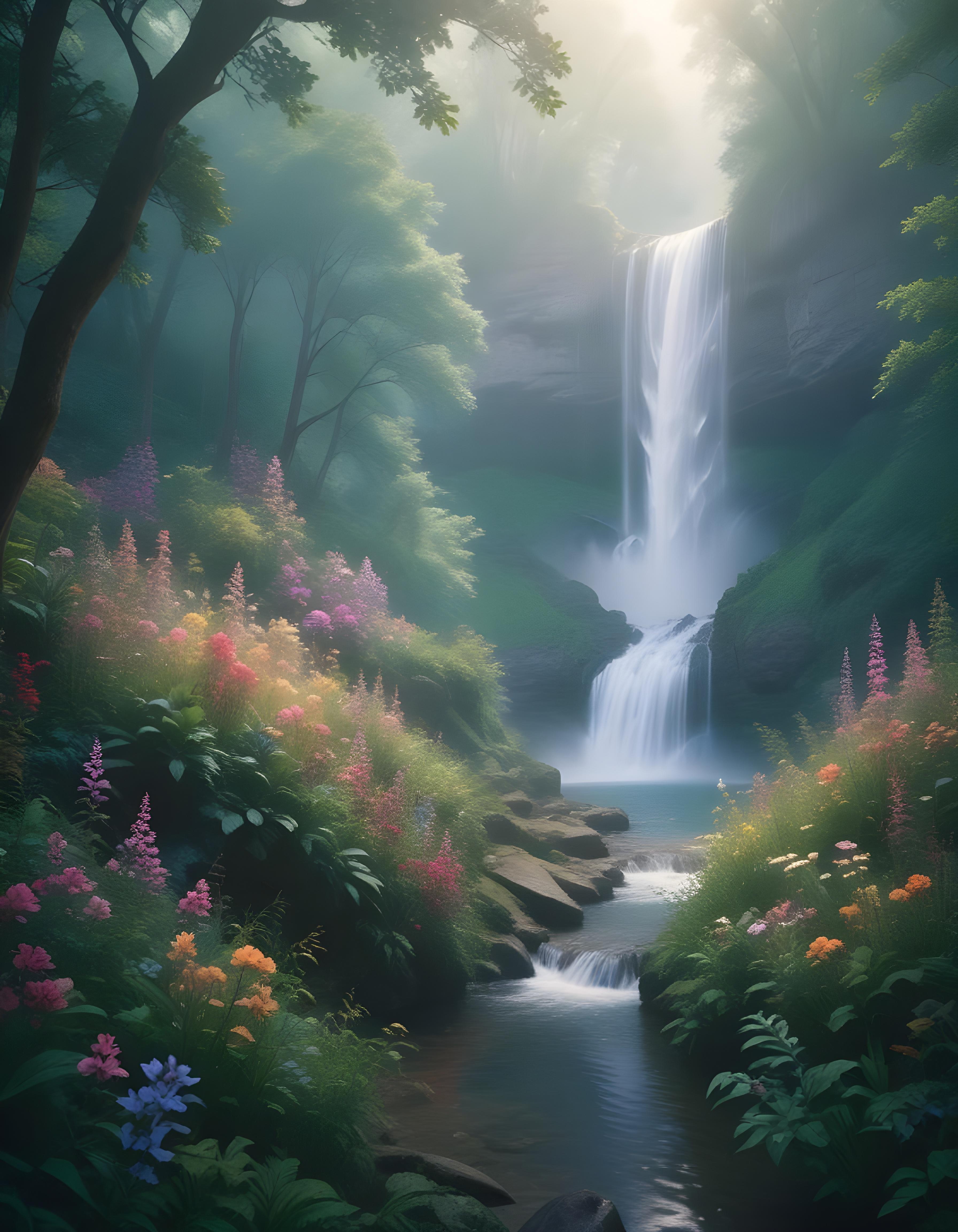 Majestic Waterfall Landscape with Lush Forest and Crystal Clear Water