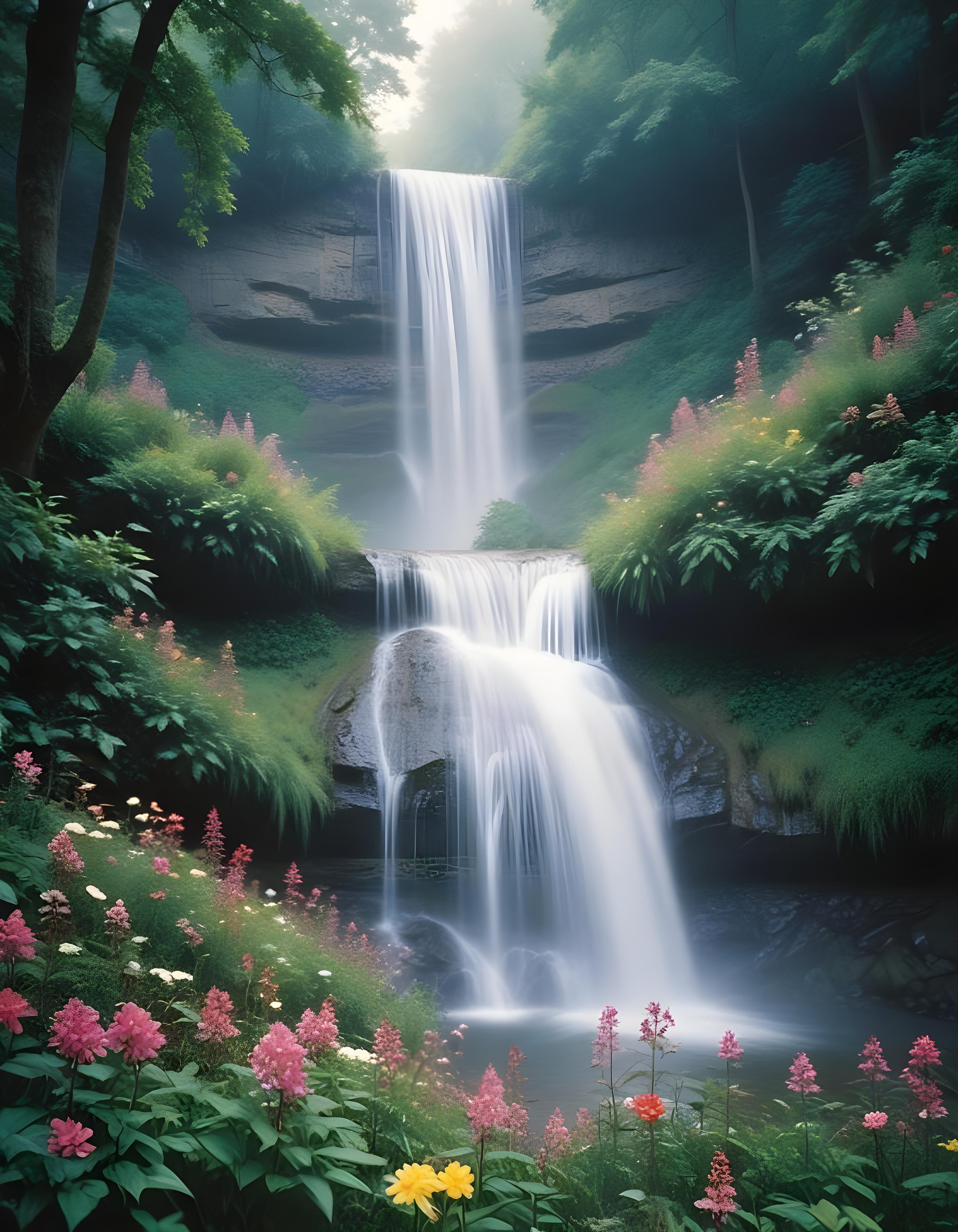 Majestic Waterfall Landscape with Lush Forest and Crystal Clear Water