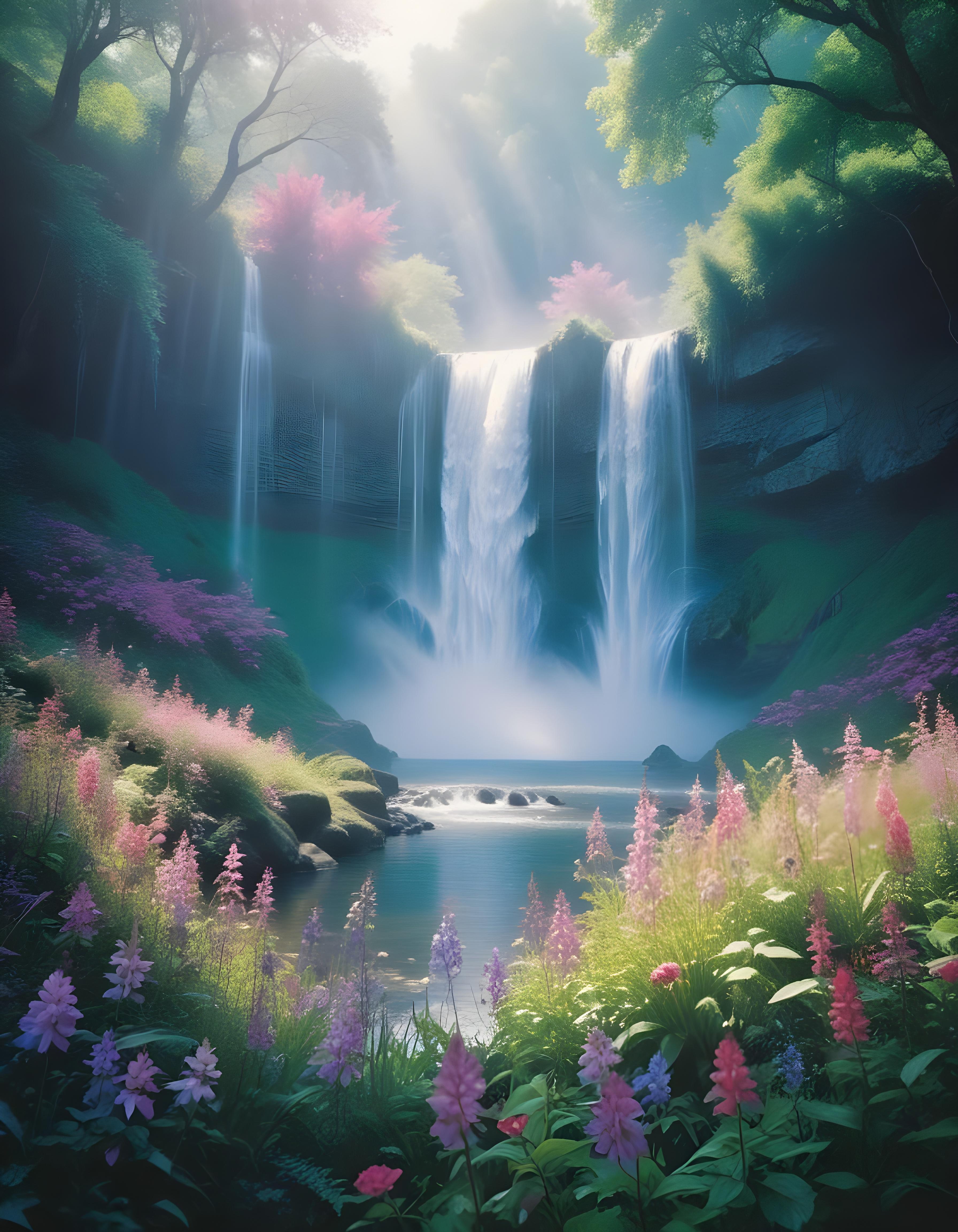 Majestic Waterfall Landscape with Lush Forest and Crystal Clear Water