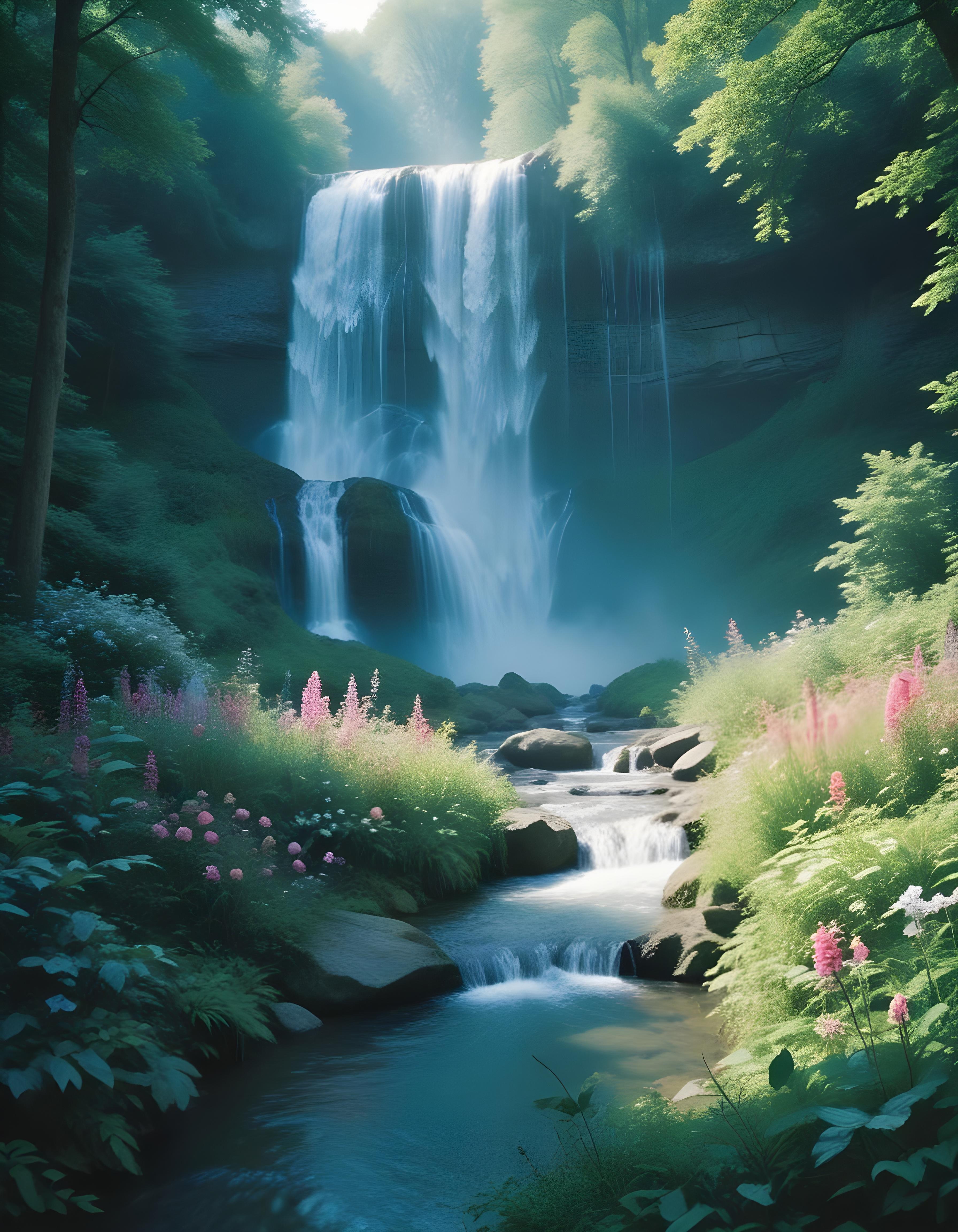 Majestic Waterfall Landscape with Lush Forest and Crystal Clear Water