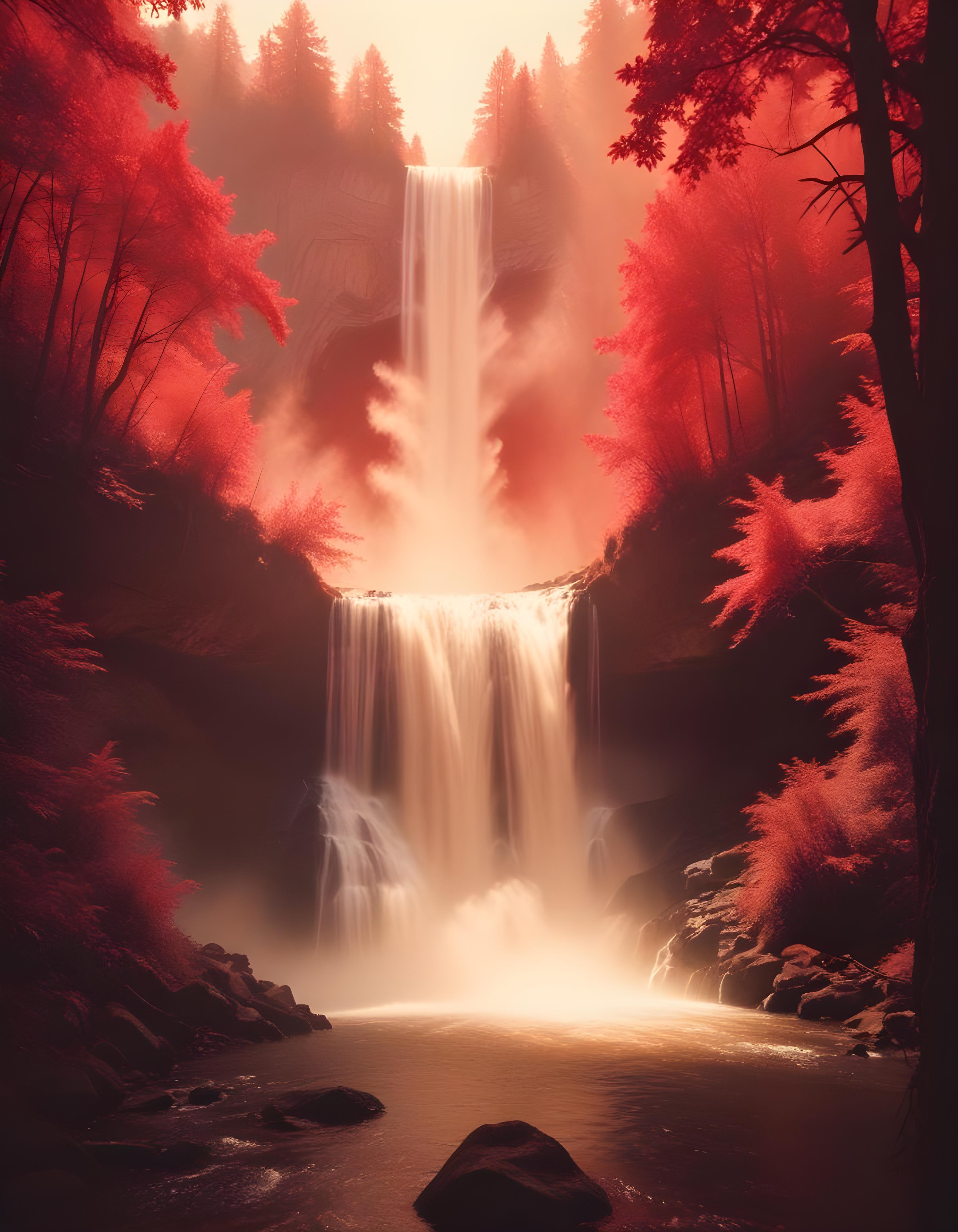 Majestic Waterfall Landscape with Lush Forest and Crystal Clear Water