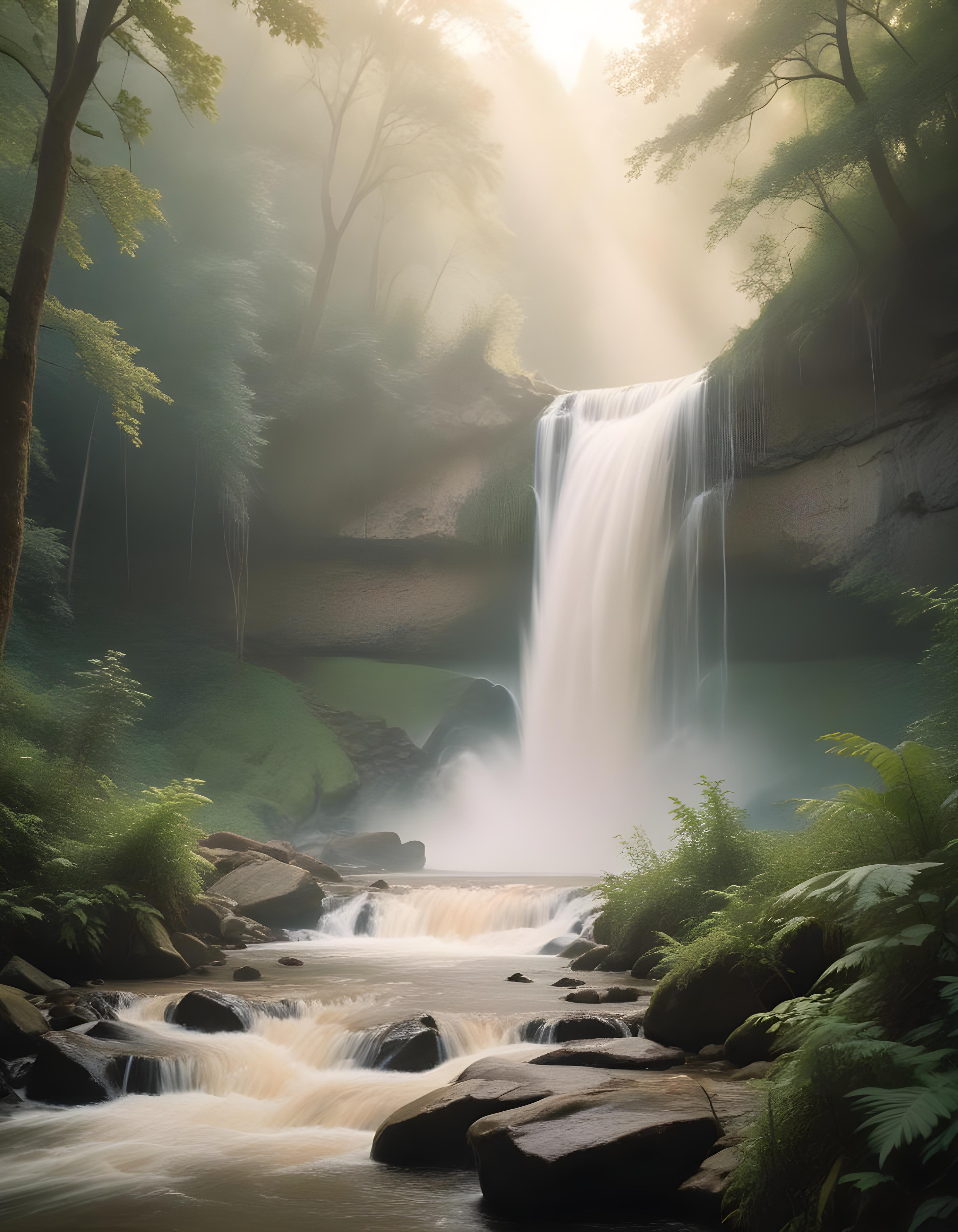 Majestic Waterfall Landscape with Lush Forest and Crystal Clear Water