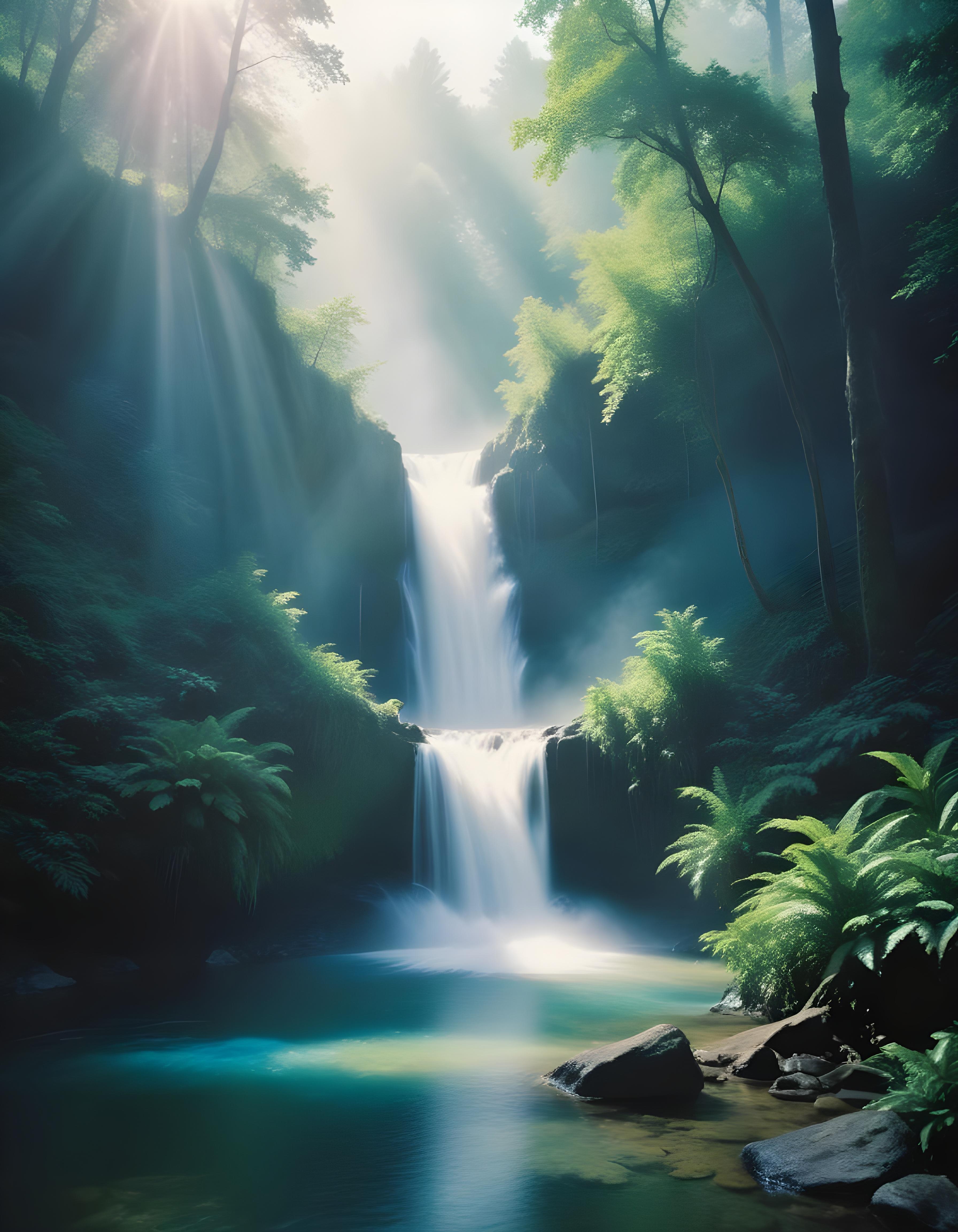 Majestic Waterfall Landscape with Lush Forest and Crystal Clear Water