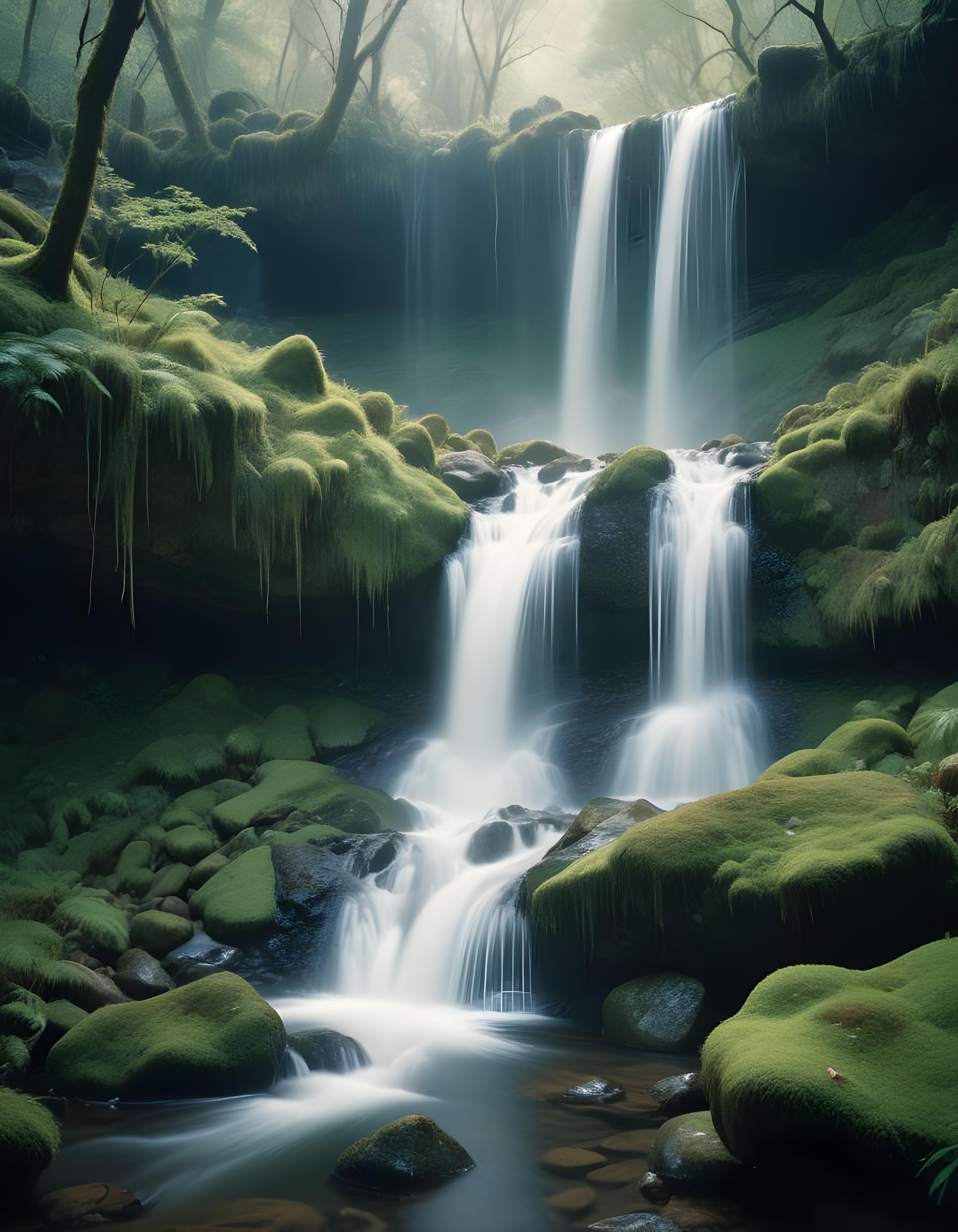 Majestic Waterfall Landscape with Lush Forest and Crystal Clear Water