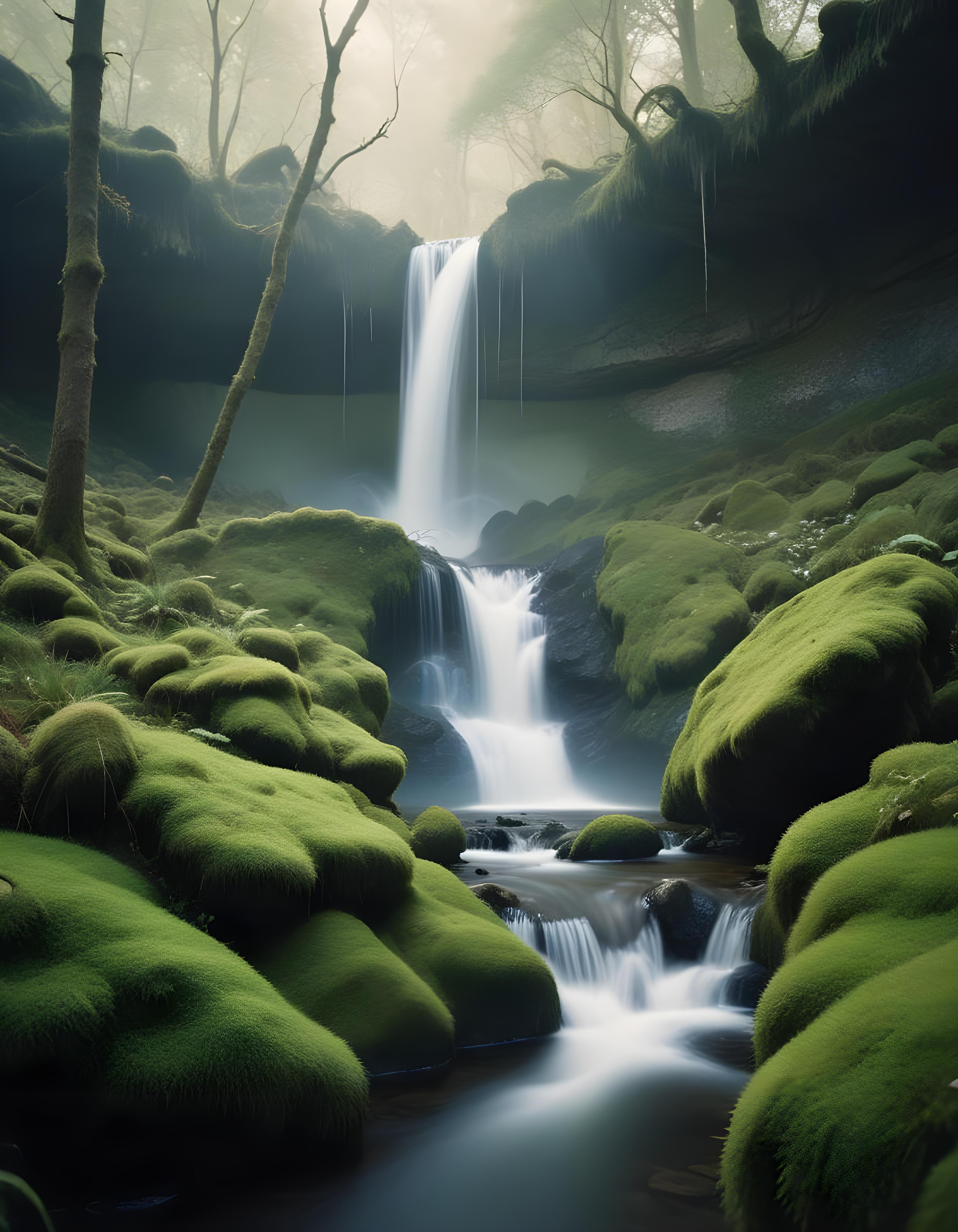 Majestic Waterfall Landscape with Lush Forest and Crystal Clear Water