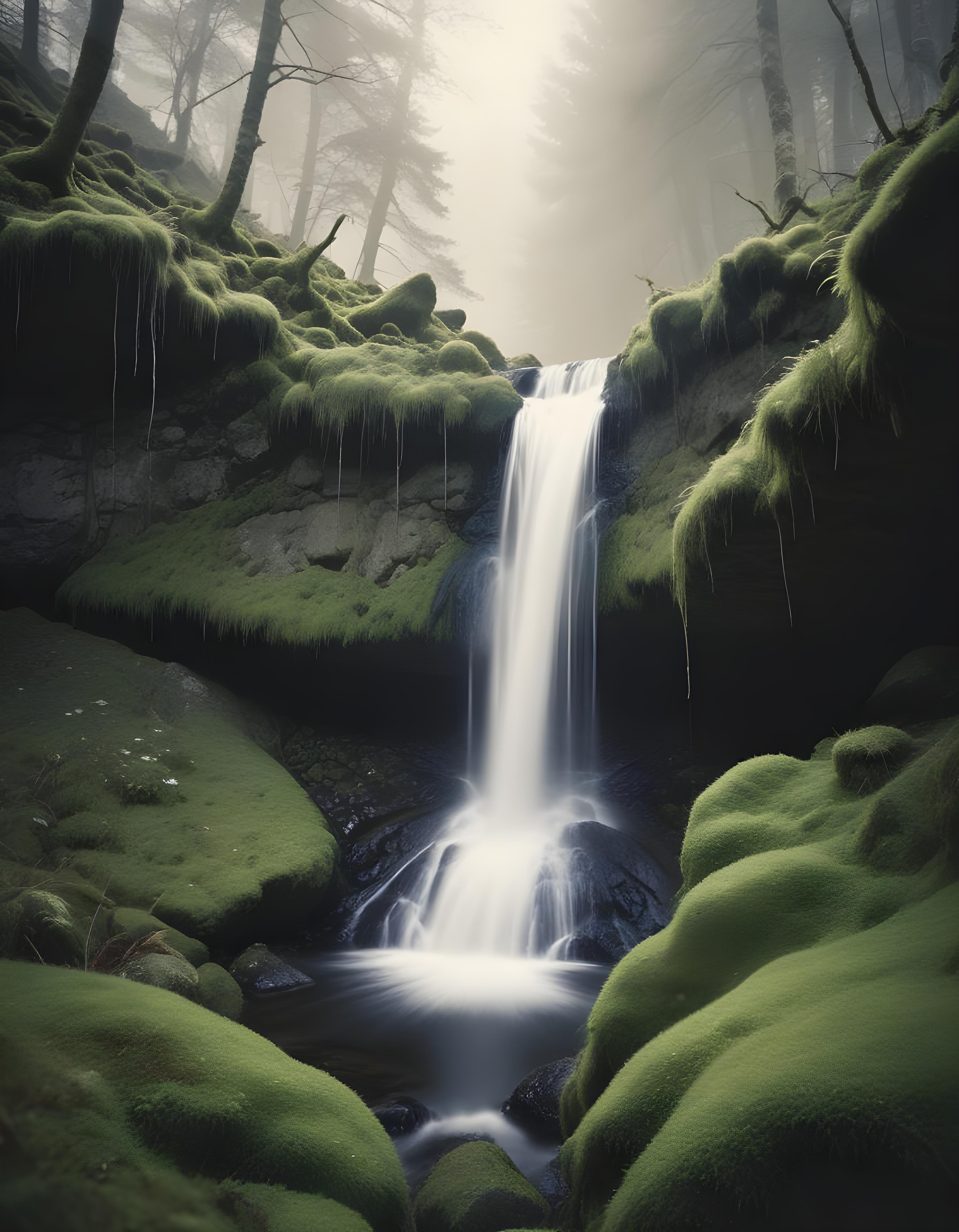 Majestic Waterfall Landscape with Lush Forest and Crystal Clear Water