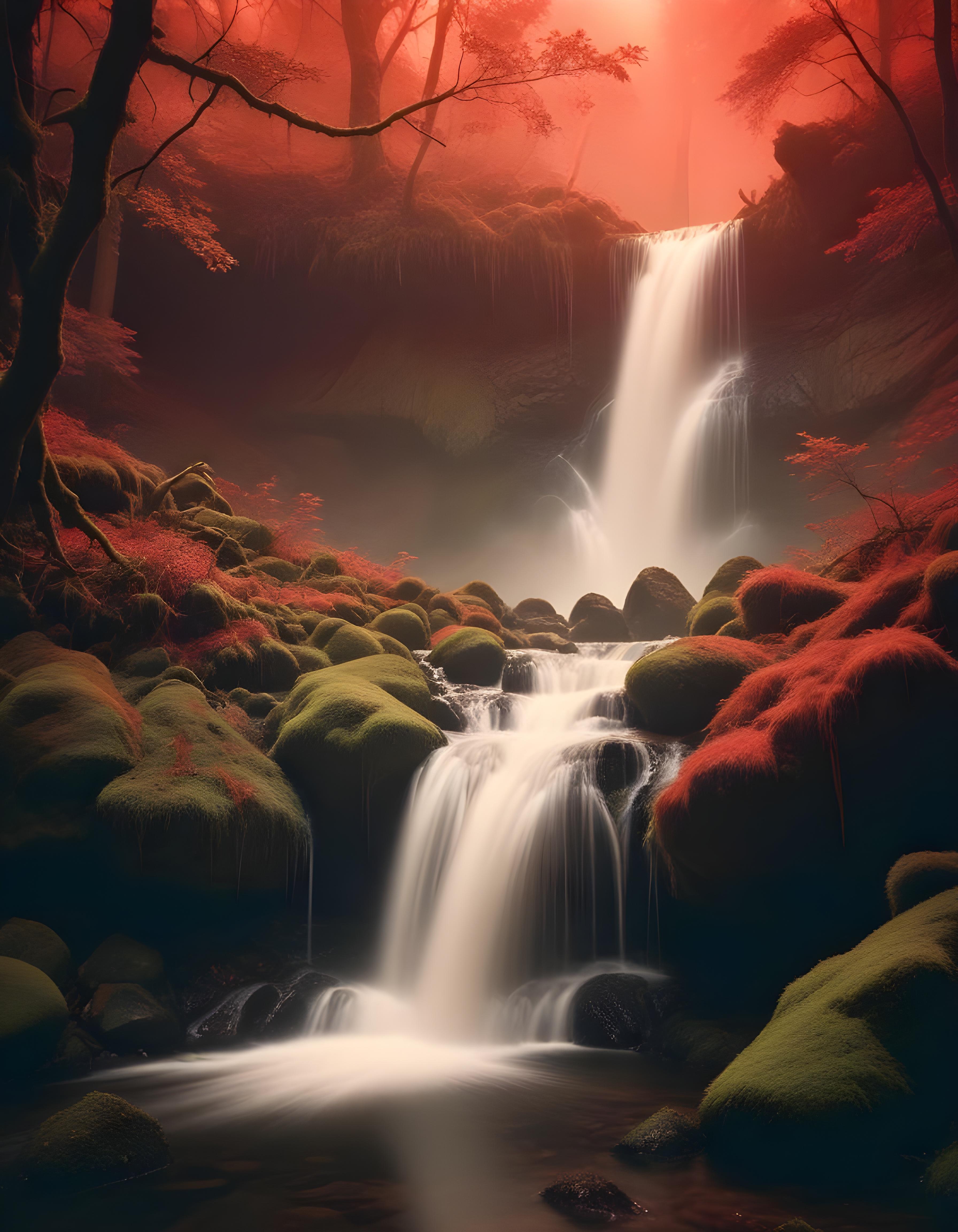 Majestic Waterfall Landscape with Lush Forest and Crystal Clear Water