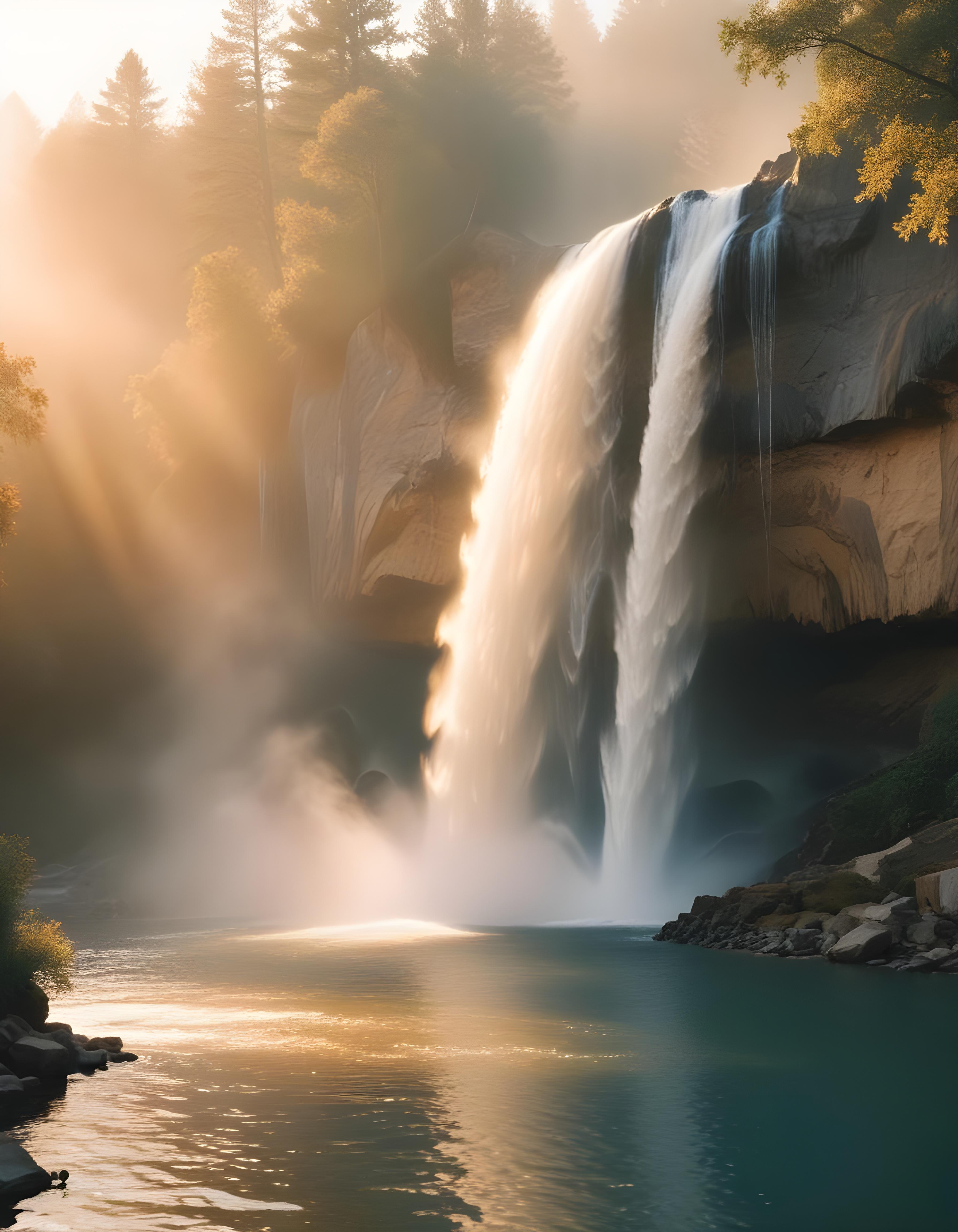 Majestic Waterfall Landscape with Lush Forest and Crystal Clear Water