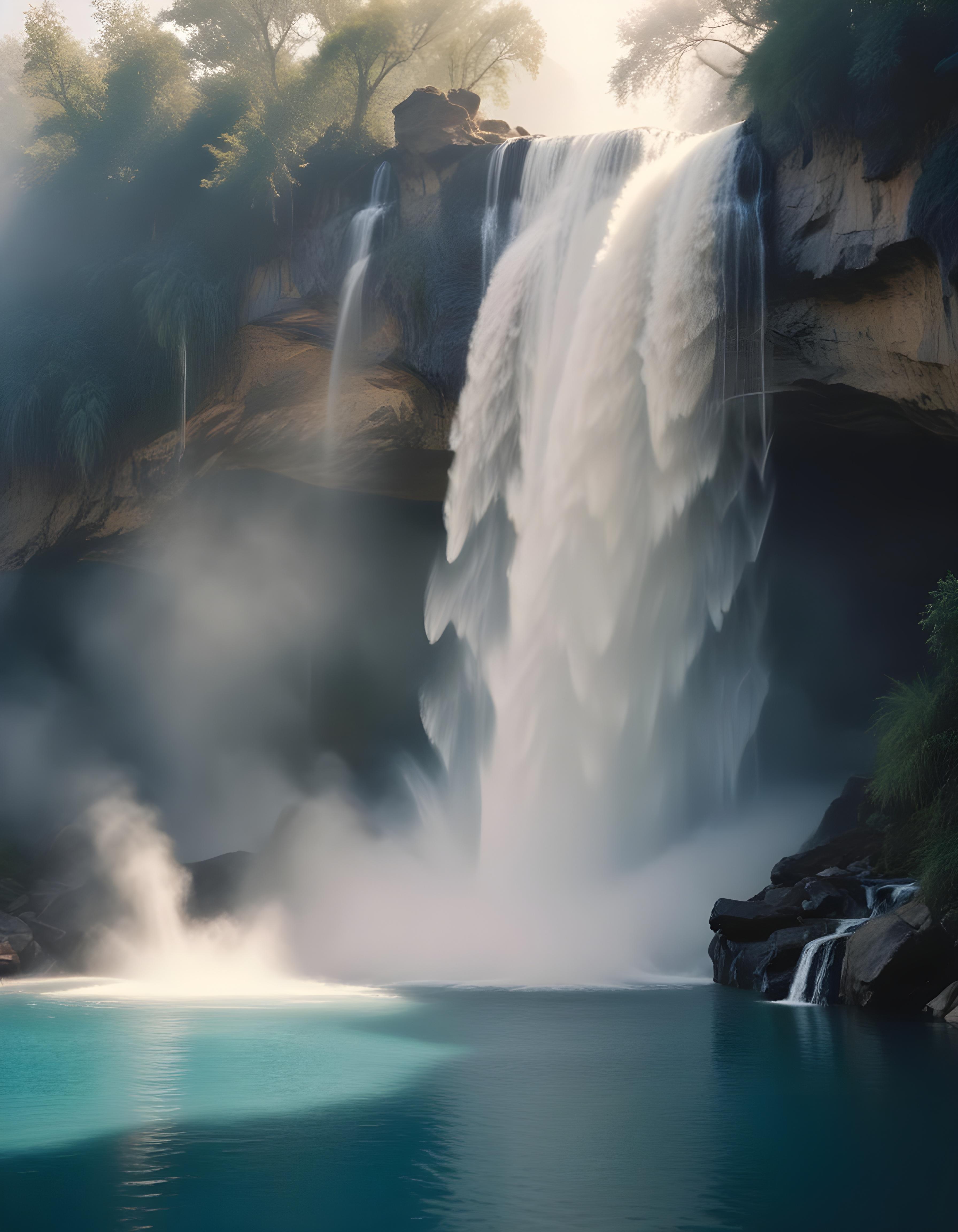 Majestic Waterfall Landscape with Lush Forest and Crystal Clear Water