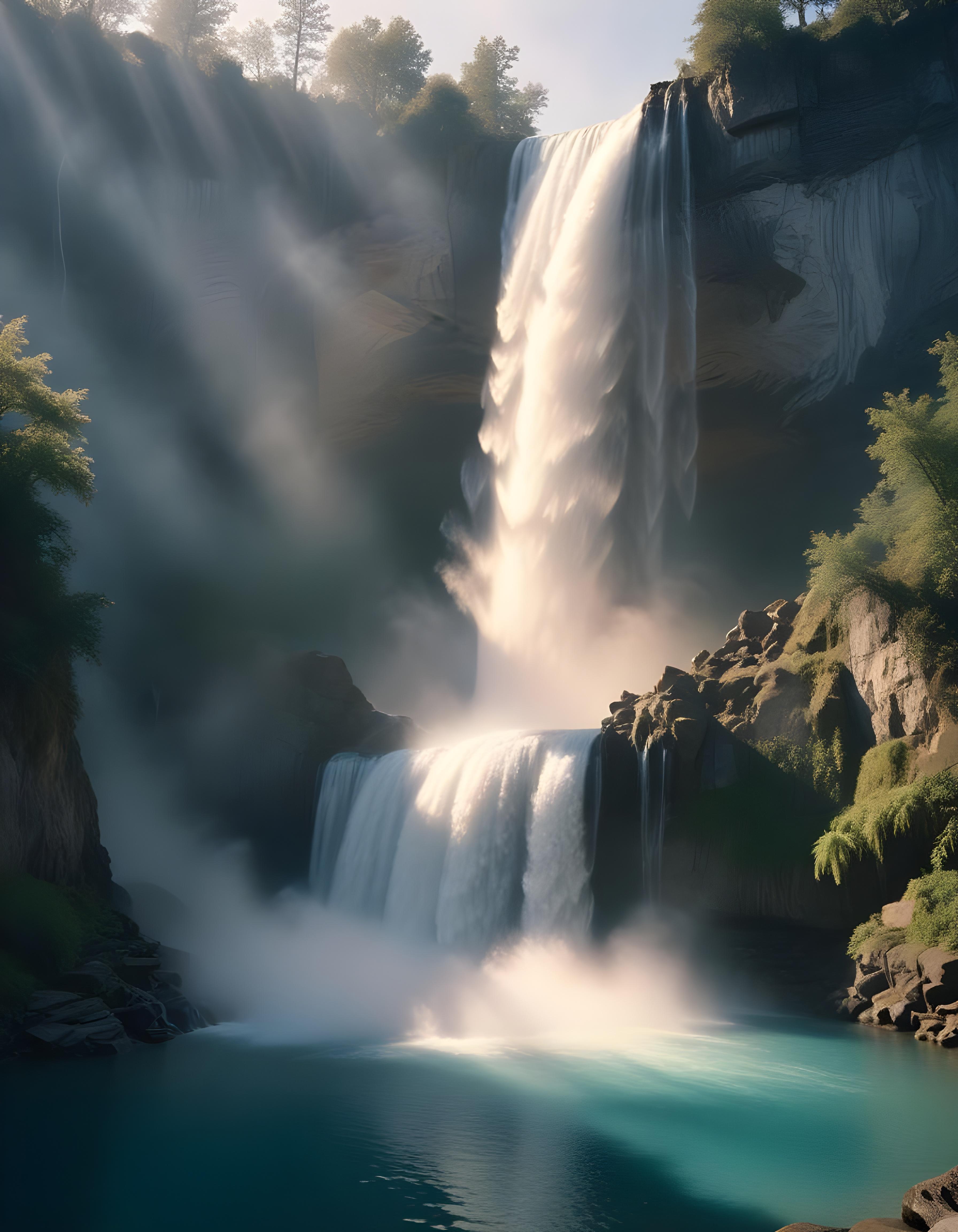 Majestic Waterfall Landscape with Lush Forest and Crystal Clear Water