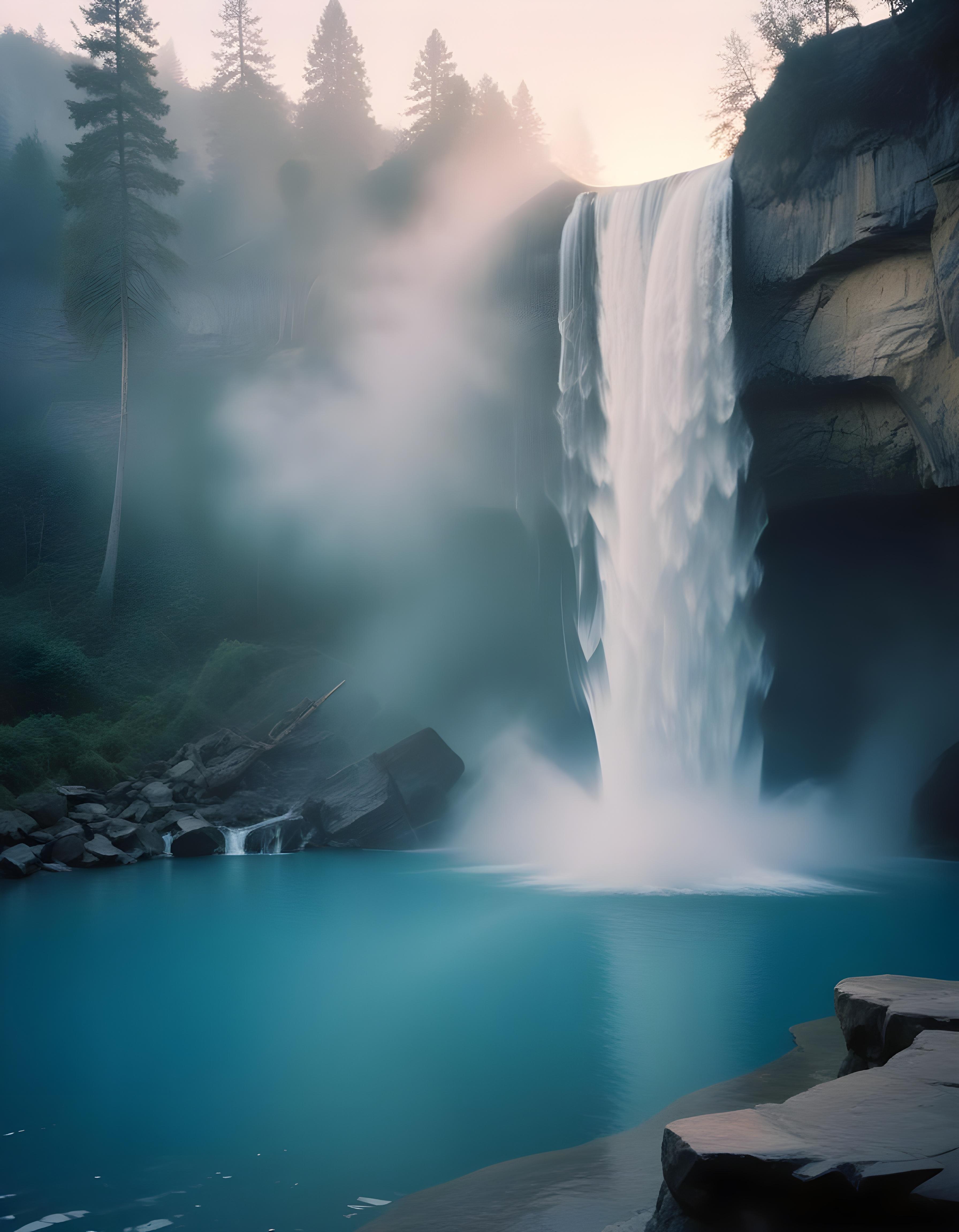 Majestic Waterfall Landscape with Lush Forest and Crystal Clear Water